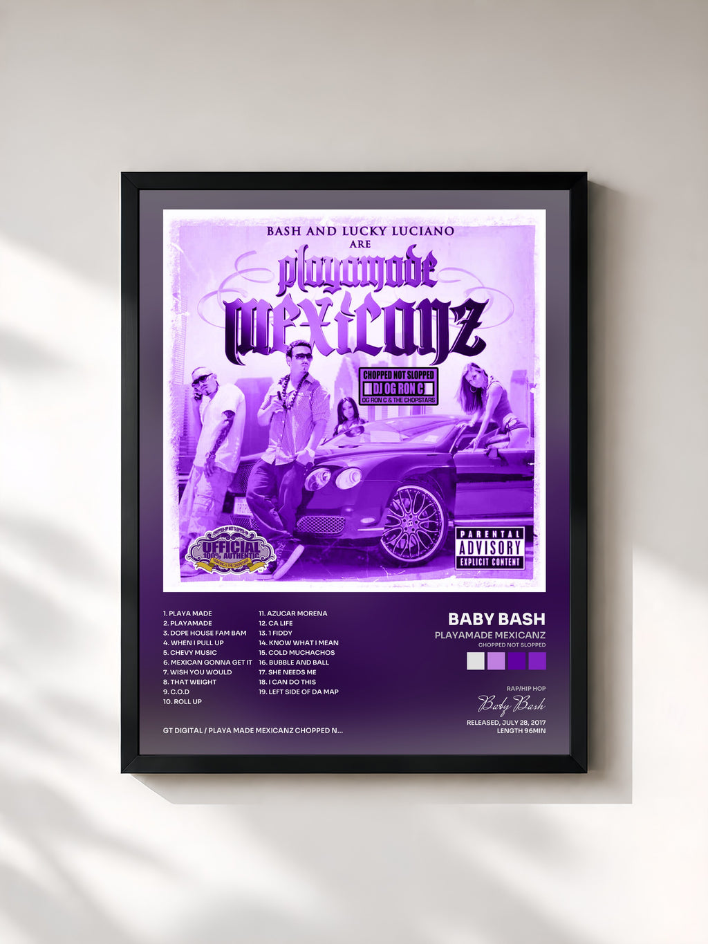 #noir Tableau de l'album Playamade Mexicanz (Chopped Not Slopped) de Baby Bash, cadre noir, imprimé et encadré en France