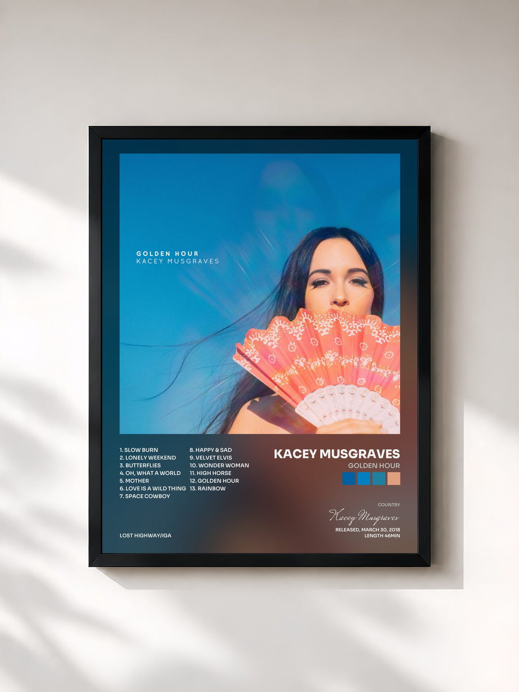 #noir Tableau de l'album Golden Hour de Kacey Musgraves, cadre noir, imprimé et encadré en France