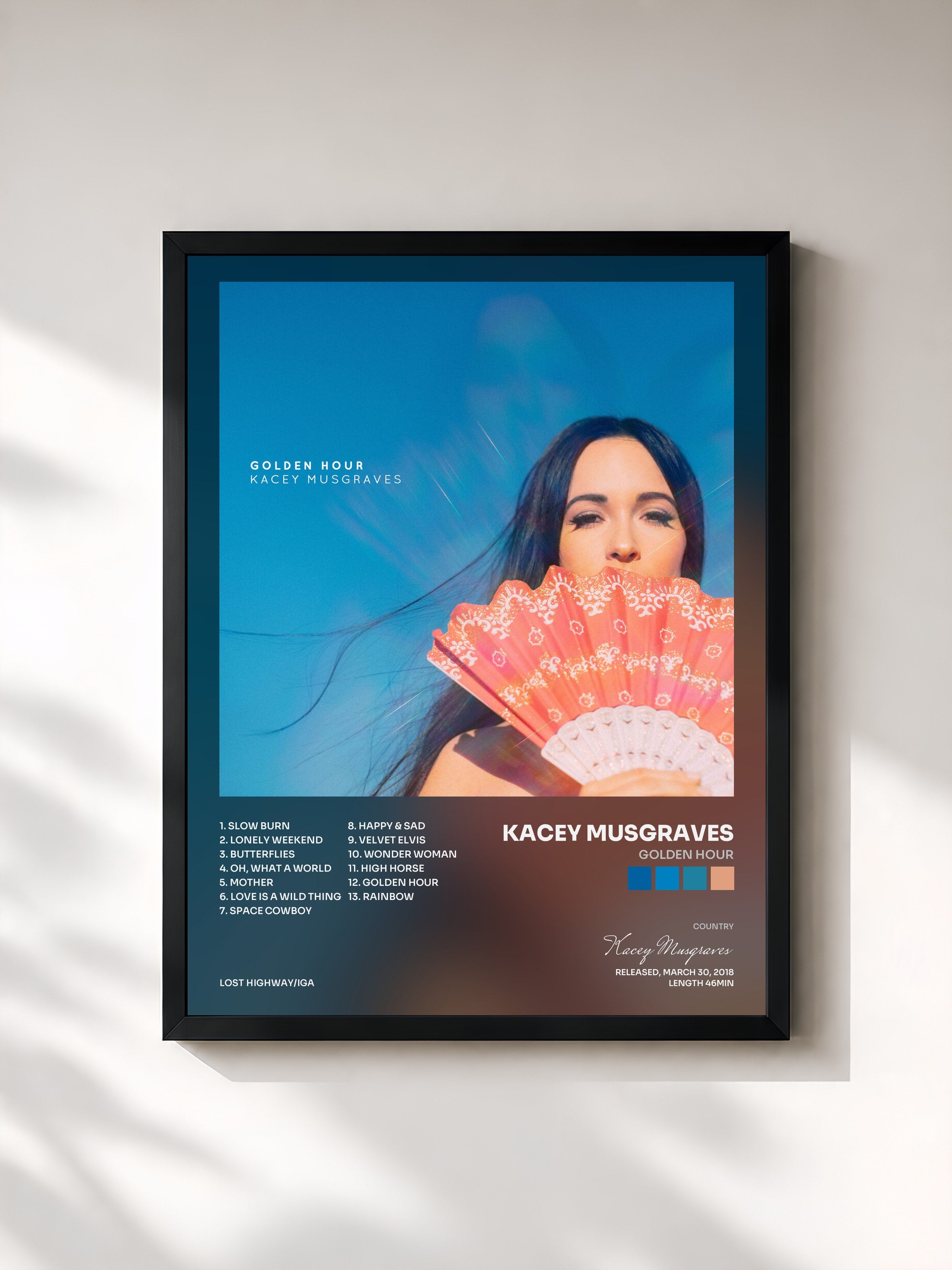 #noir Tableau de l'album Golden Hour de Kacey Musgraves, cadre noir, imprimé et encadré en France