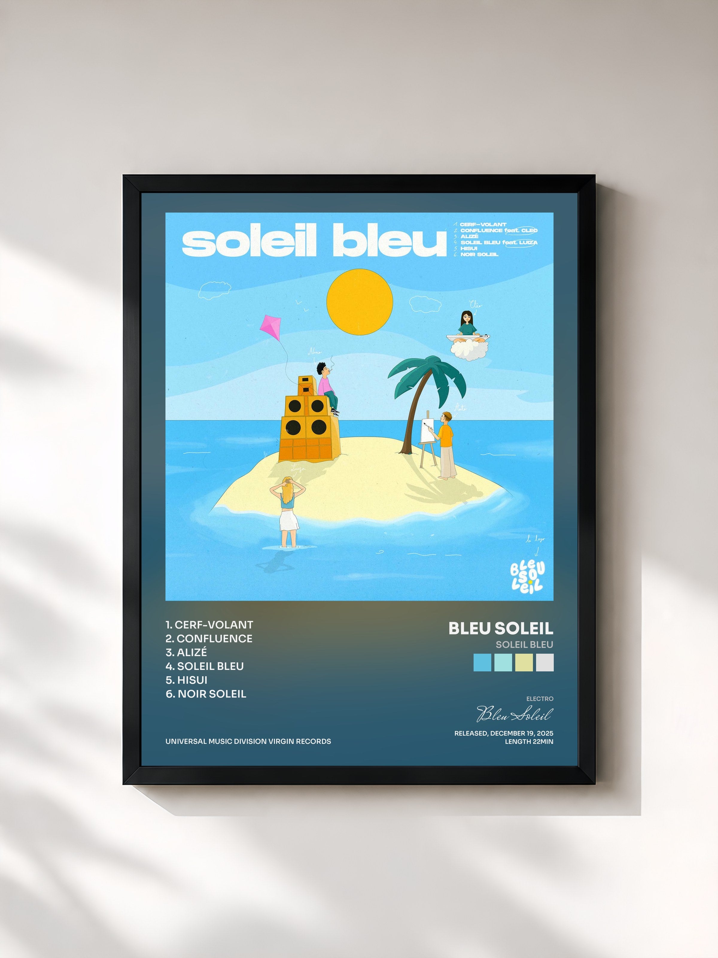 #noir Tableau de l'album Soleil bleu de Bleu Soleil, cadre noir, imprimé et encadré en France