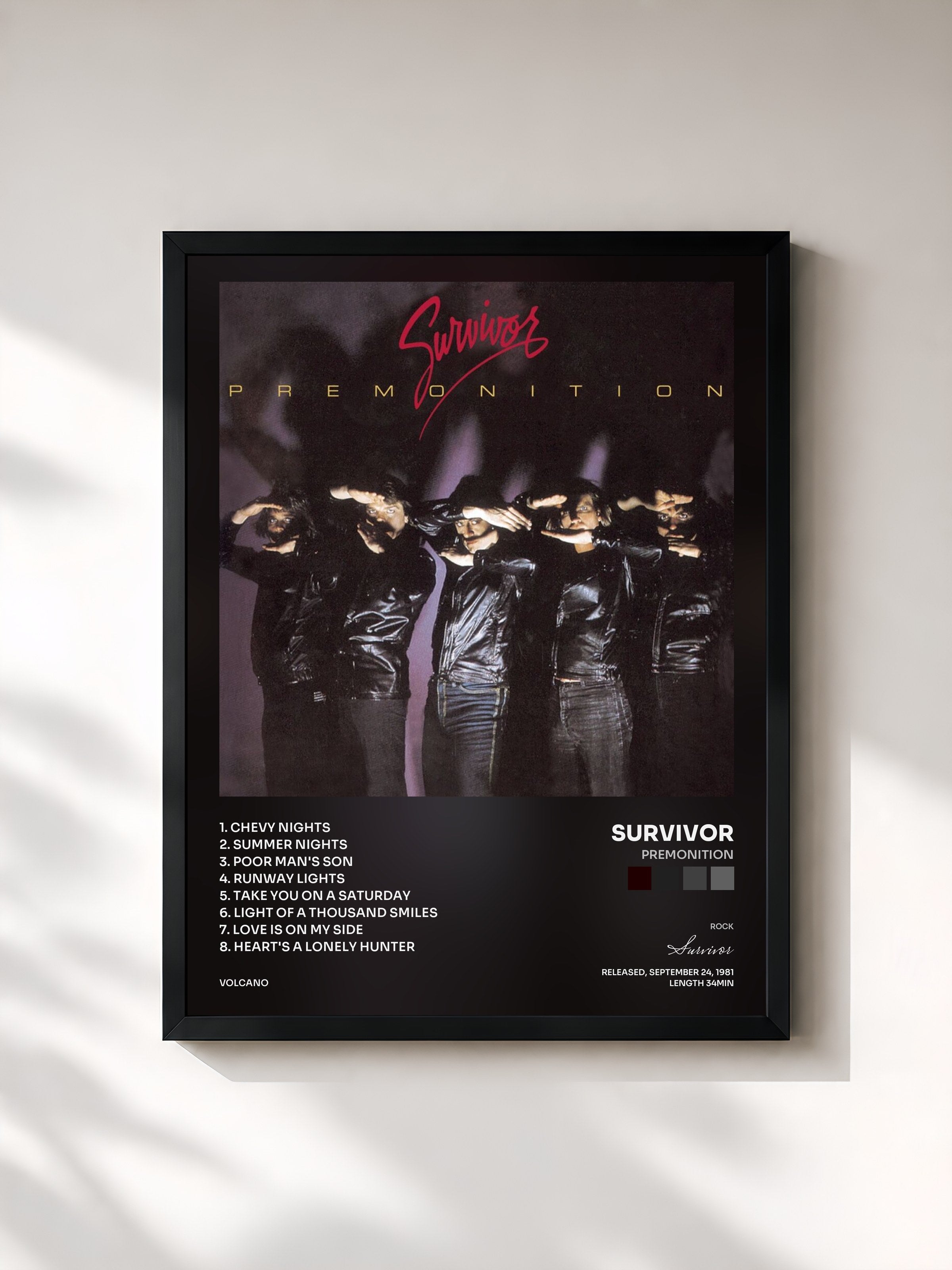 #noir Tableau de l'album Premonition de Survivor, cadre noir, imprimé et encadré en France