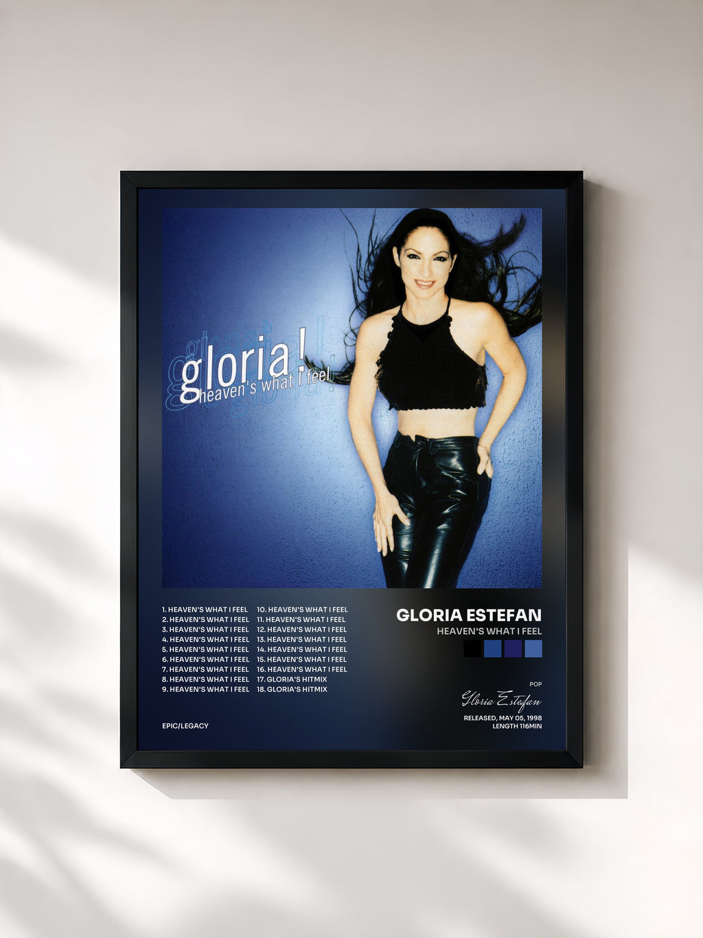 #noir Tableau de l'album Heaven's What I Feel de Gloria Estefan, cadre noir, imprimé et encadré en France