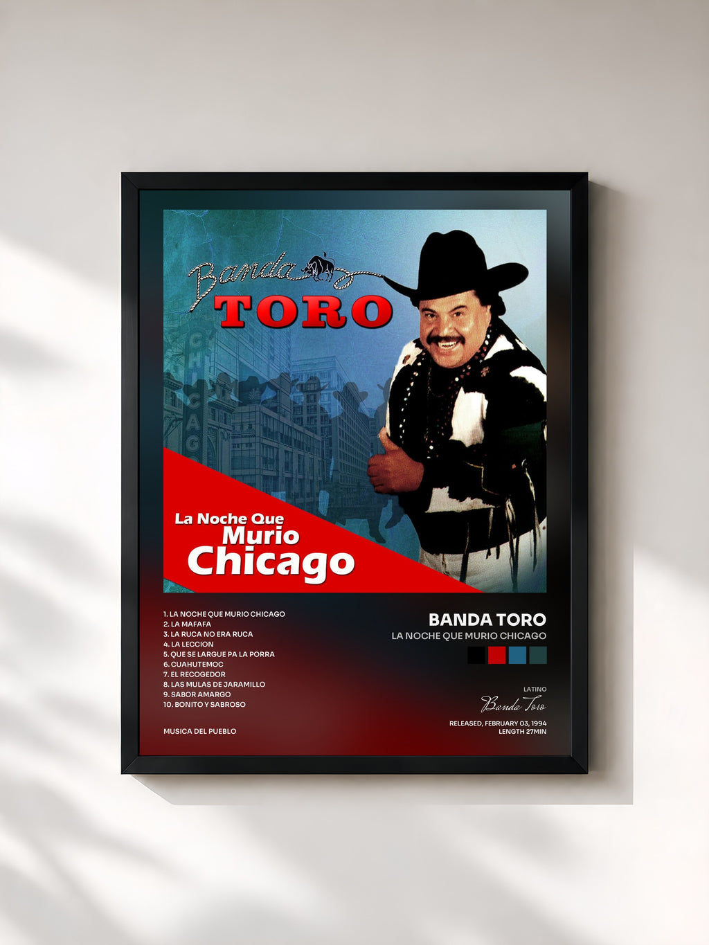 #noir Tableau de l'album La Noche Que Murio Chicago de Banda Toro, cadre noir, imprimé et encadré en France