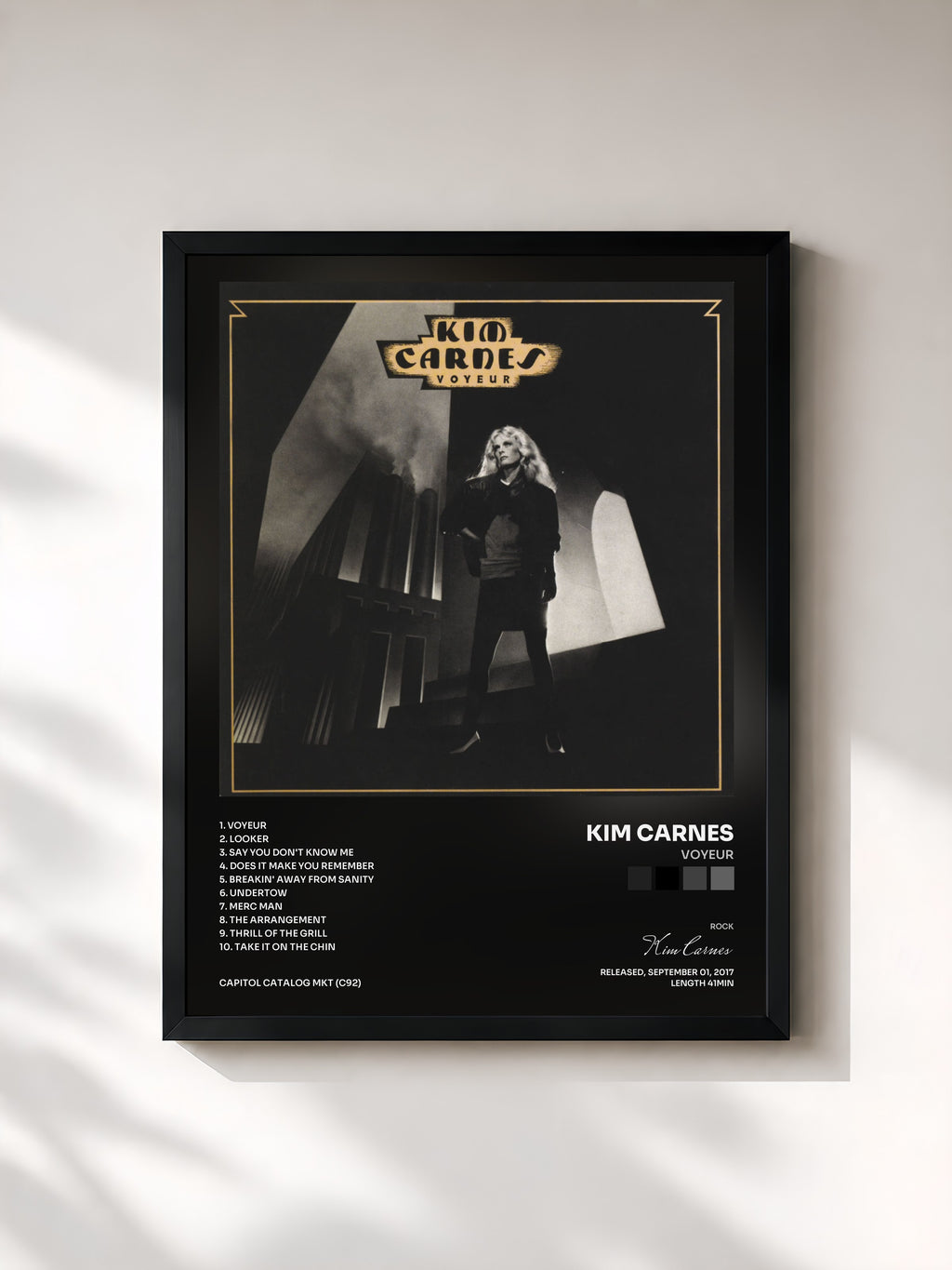 #noir Tableau de l'album Voyeur de Kim Carnes, cadre noir, imprimé et encadré en France
