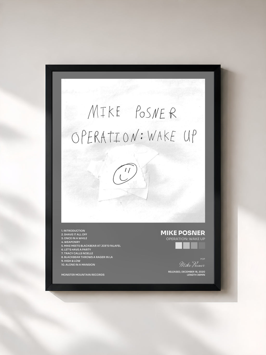 #noir Tableau de l'album Operation: Wake Up de Mike Posner, cadre noir, imprimé et encadré en France