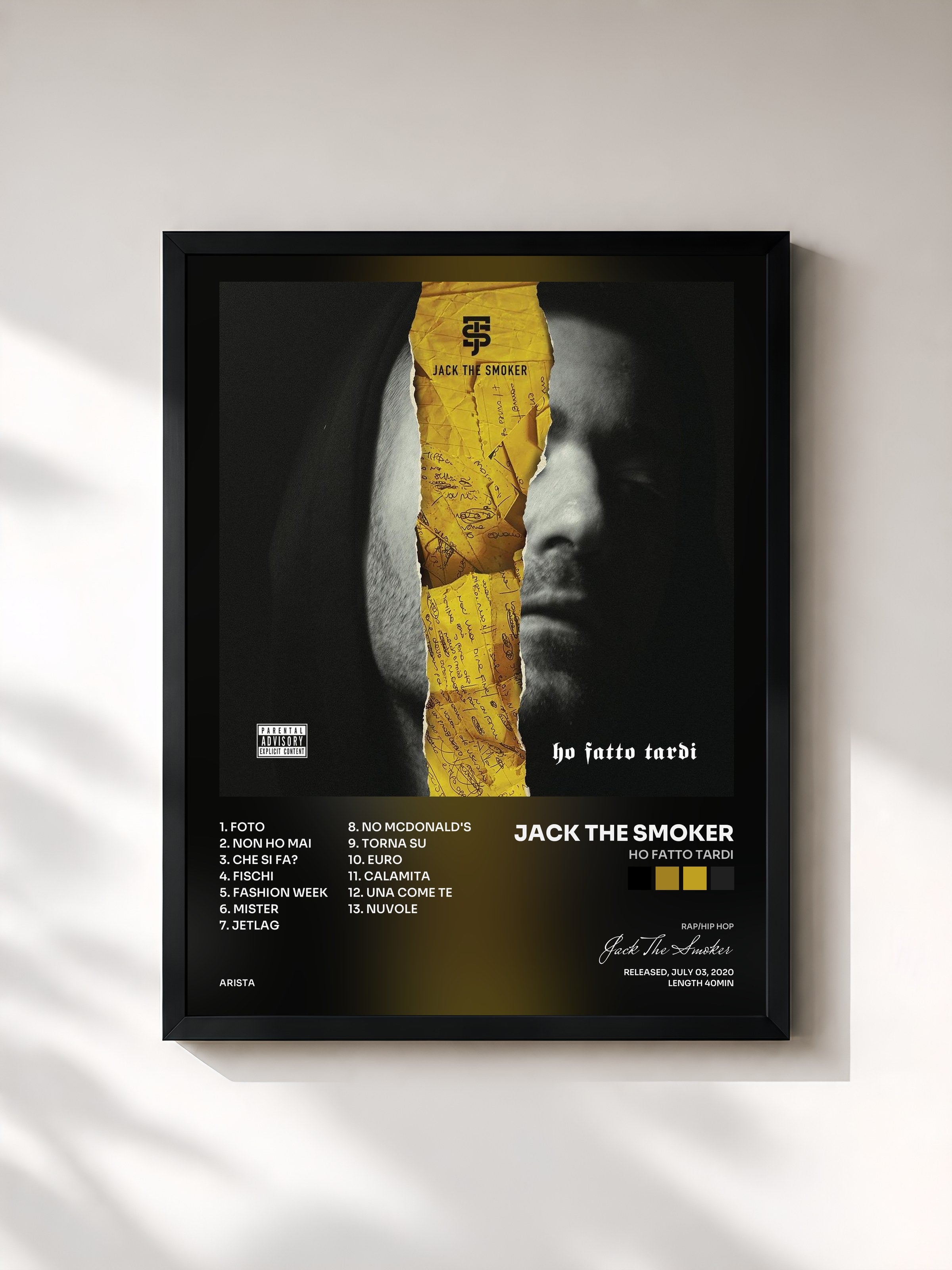 #noir Tableau de l'album Ho Fatto Tardi de Jack The Smoker, cadre noir, imprimé et encadré en France