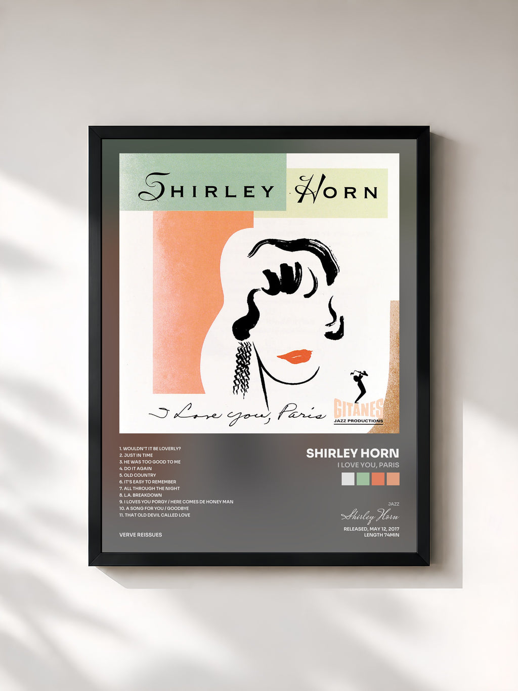 #noir Tableau de l'album I Love You, Paris de Shirley Horn, cadre noir, imprimé et encadré en France