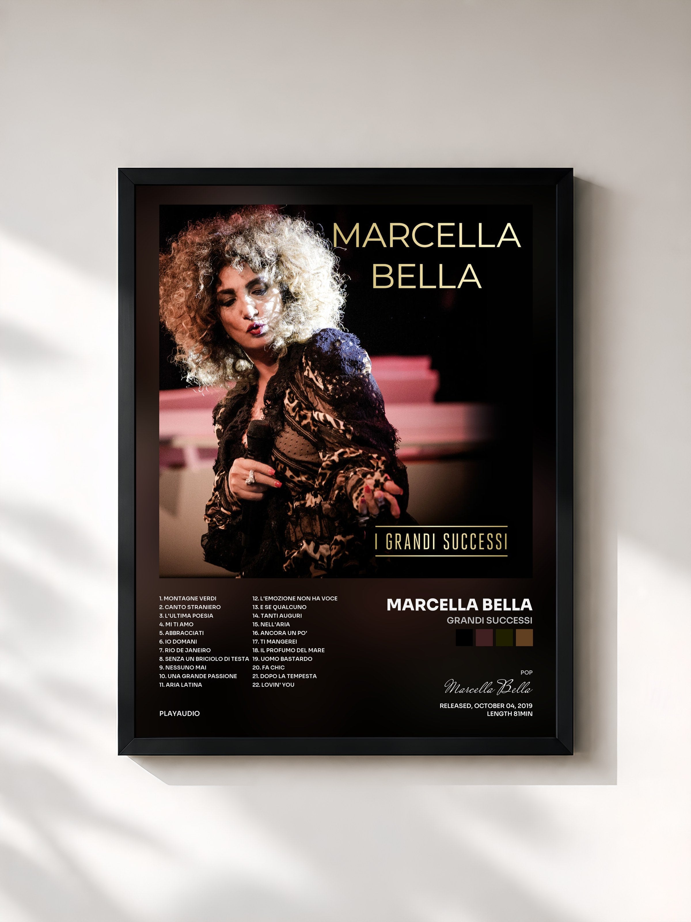 #noir Tableau de l'album Grandi successi de Marcella Bella, cadre noir, imprimé et encadré en France