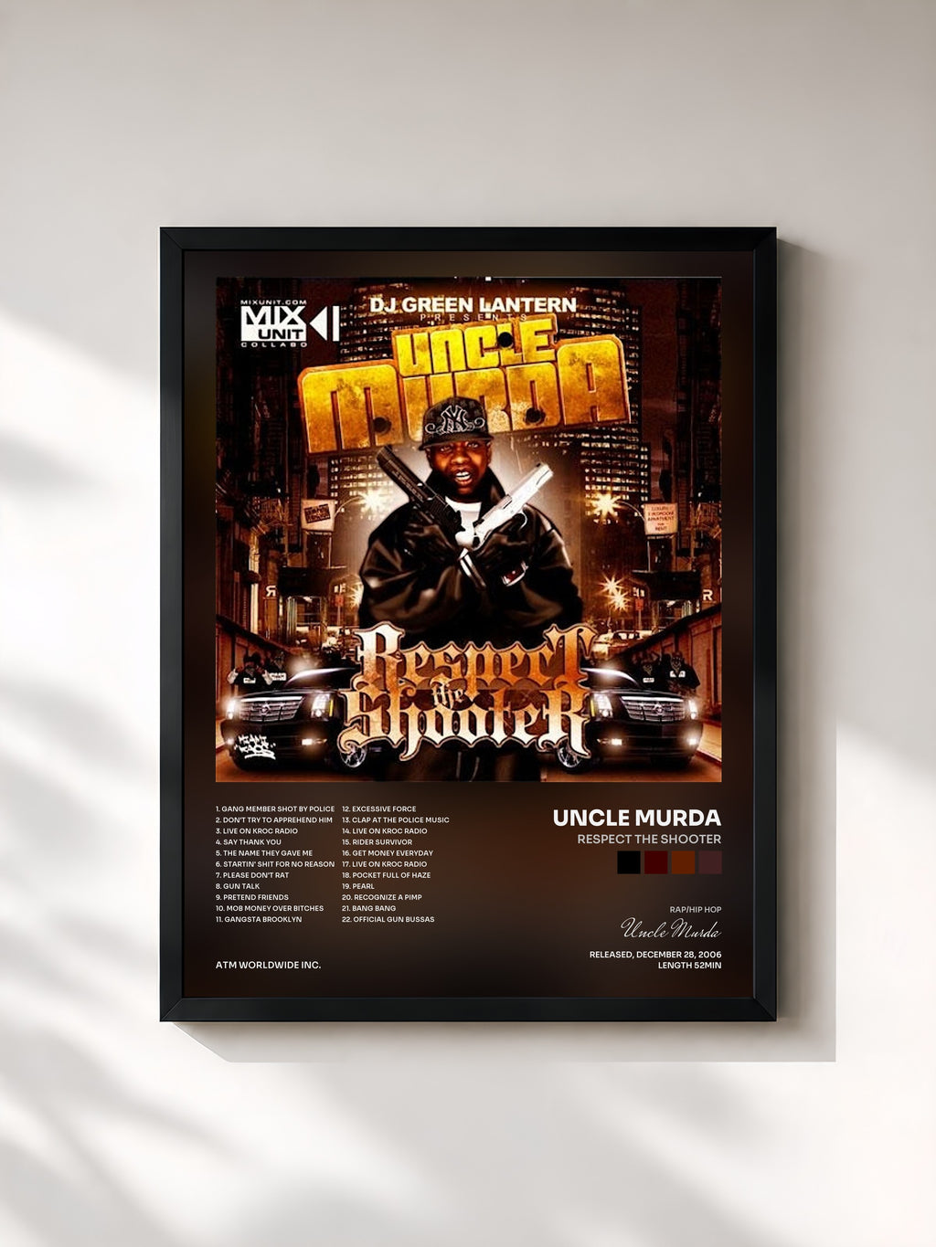 #noir Tableau de l'album Respect the Shooter de Uncle Murda, cadre noir, imprimé et encadré en France