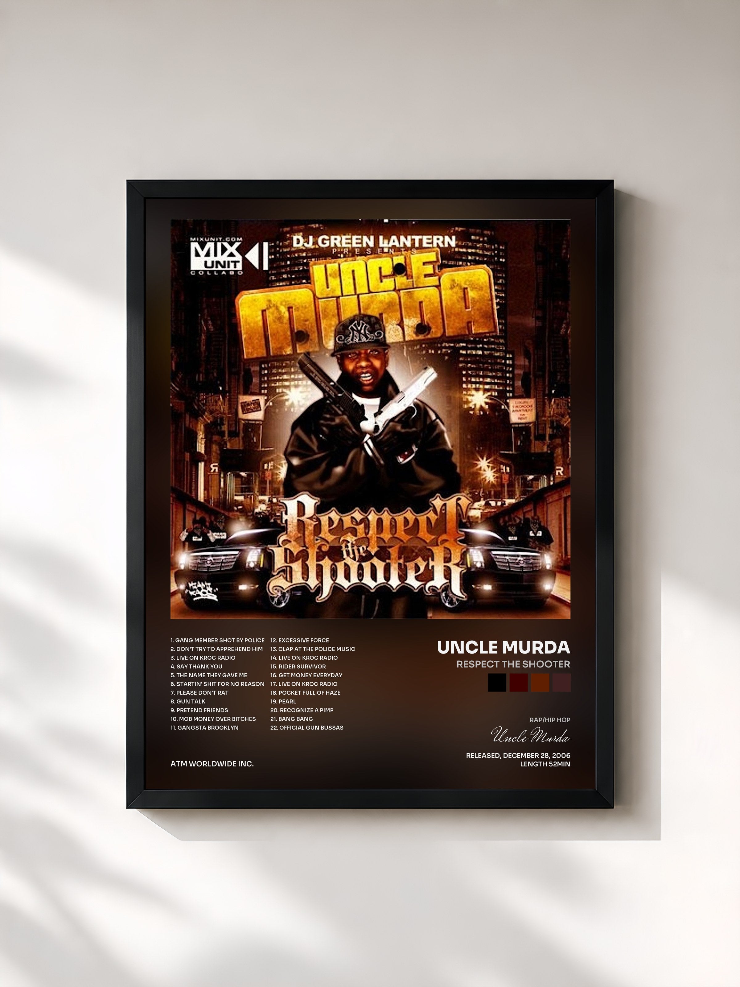 #noir Tableau de l'album Respect the Shooter de Uncle Murda, cadre noir, imprimé et encadré en France