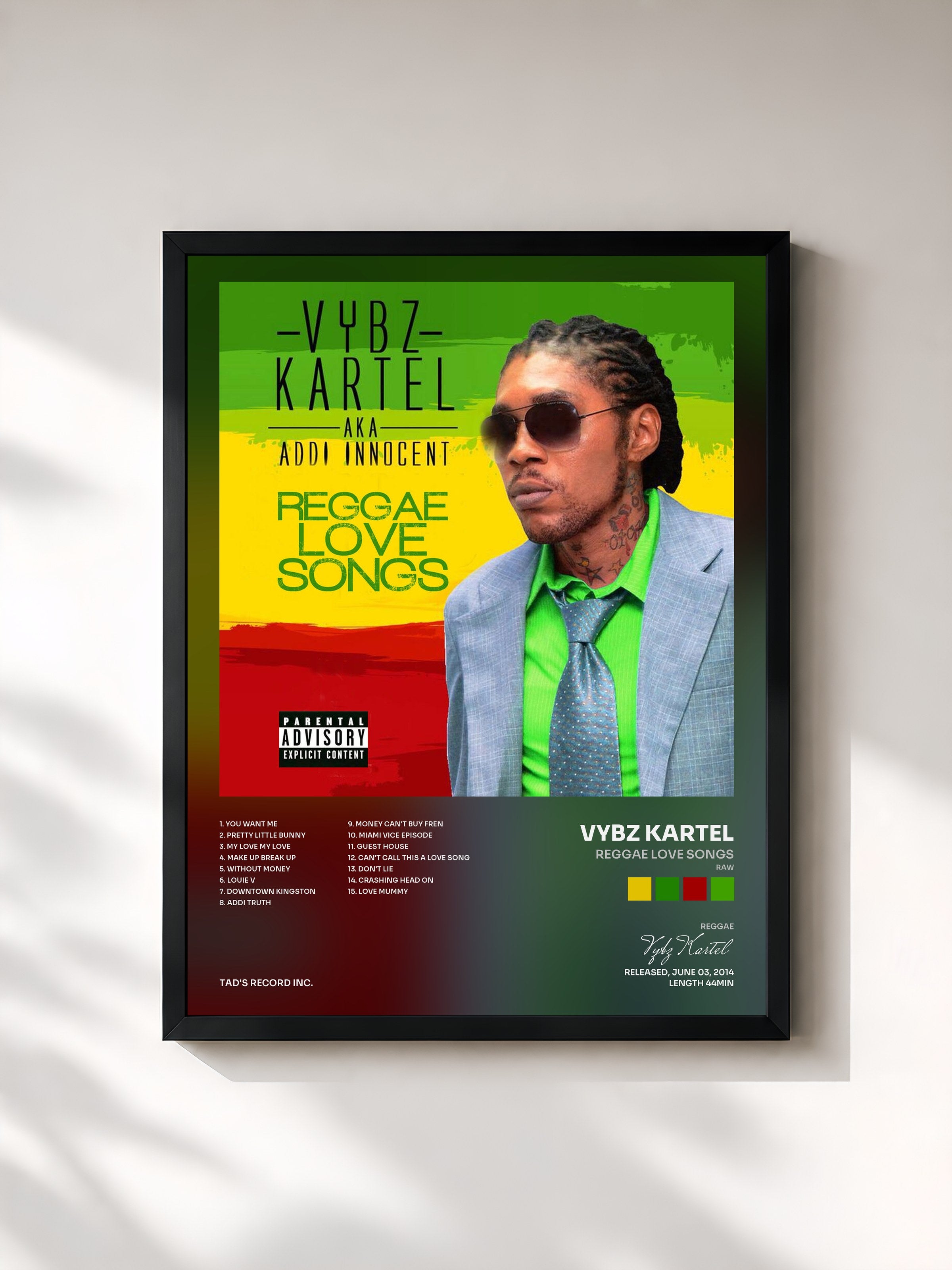 #noir Tableau de l'album Reggae Love Songs (Raw) de Vybz Kartel, cadre noir, imprimé et encadré en France
