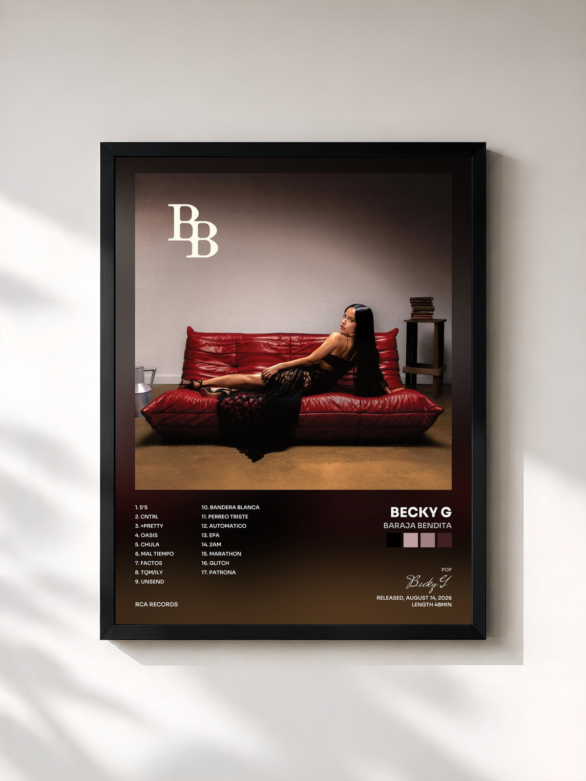 #noir Tableau de l'album BARAJA BENDITA de Becky G, cadre noir, imprimé et encadré en France