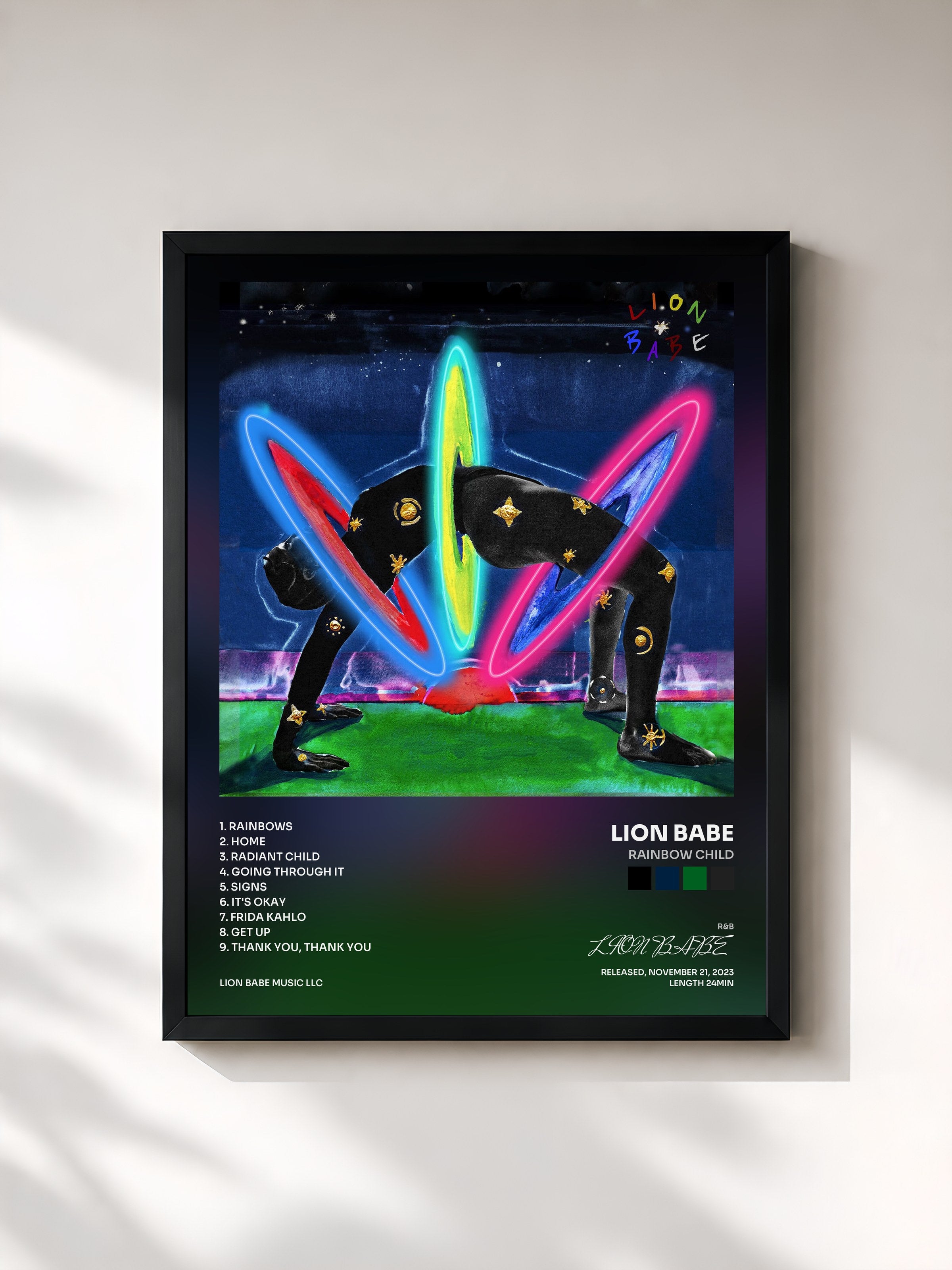 #noir Tableau de l'album Rainbow Child de LION BABE, cadre noir, imprimé et encadré en France