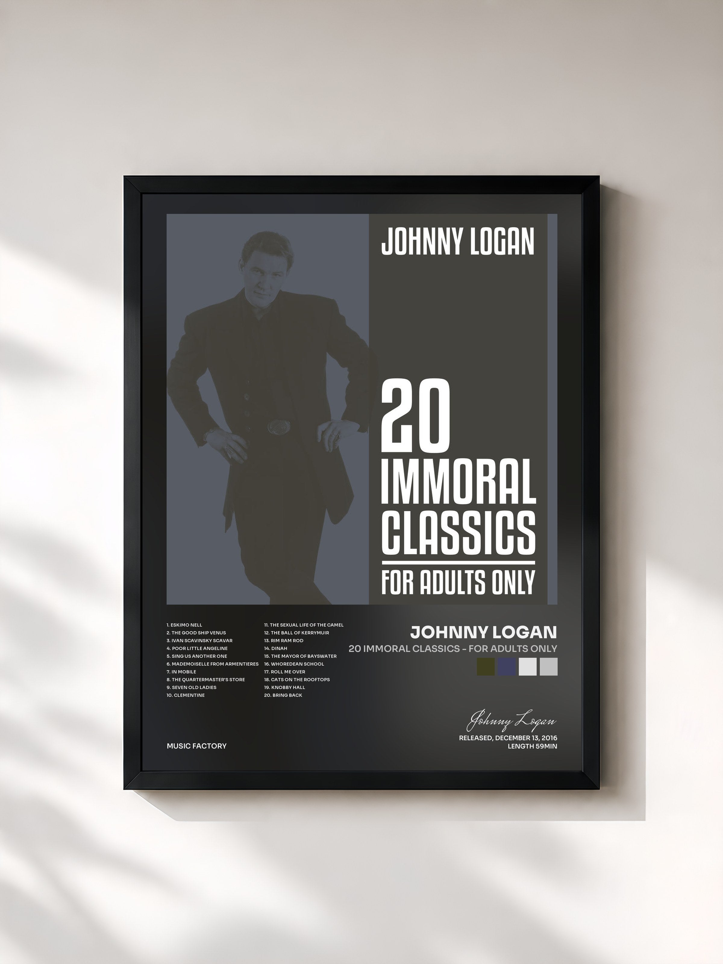 #noir Tableau de l'album 20 Immoral Classics - For Adults Only de Johnny Logan, cadre noir, imprimé et encadré en France