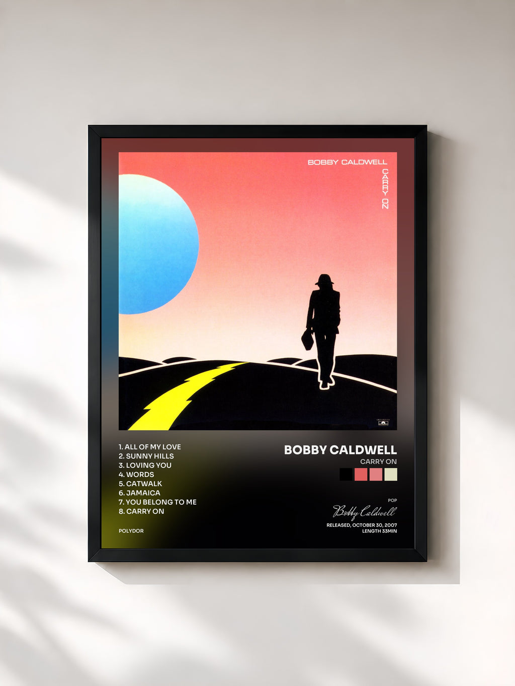 #noir Tableau de l'album Carry On de Bobby Caldwell, cadre noir, imprimé et encadré en France