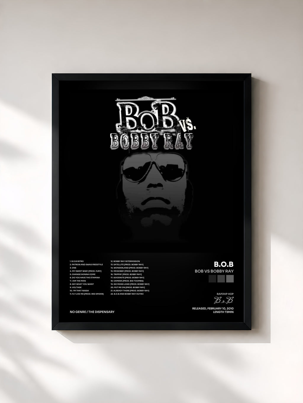 #noir Tableau de l'album Bob vs Bobby Ray de B.o.B, cadre noir, imprimé et encadré en France