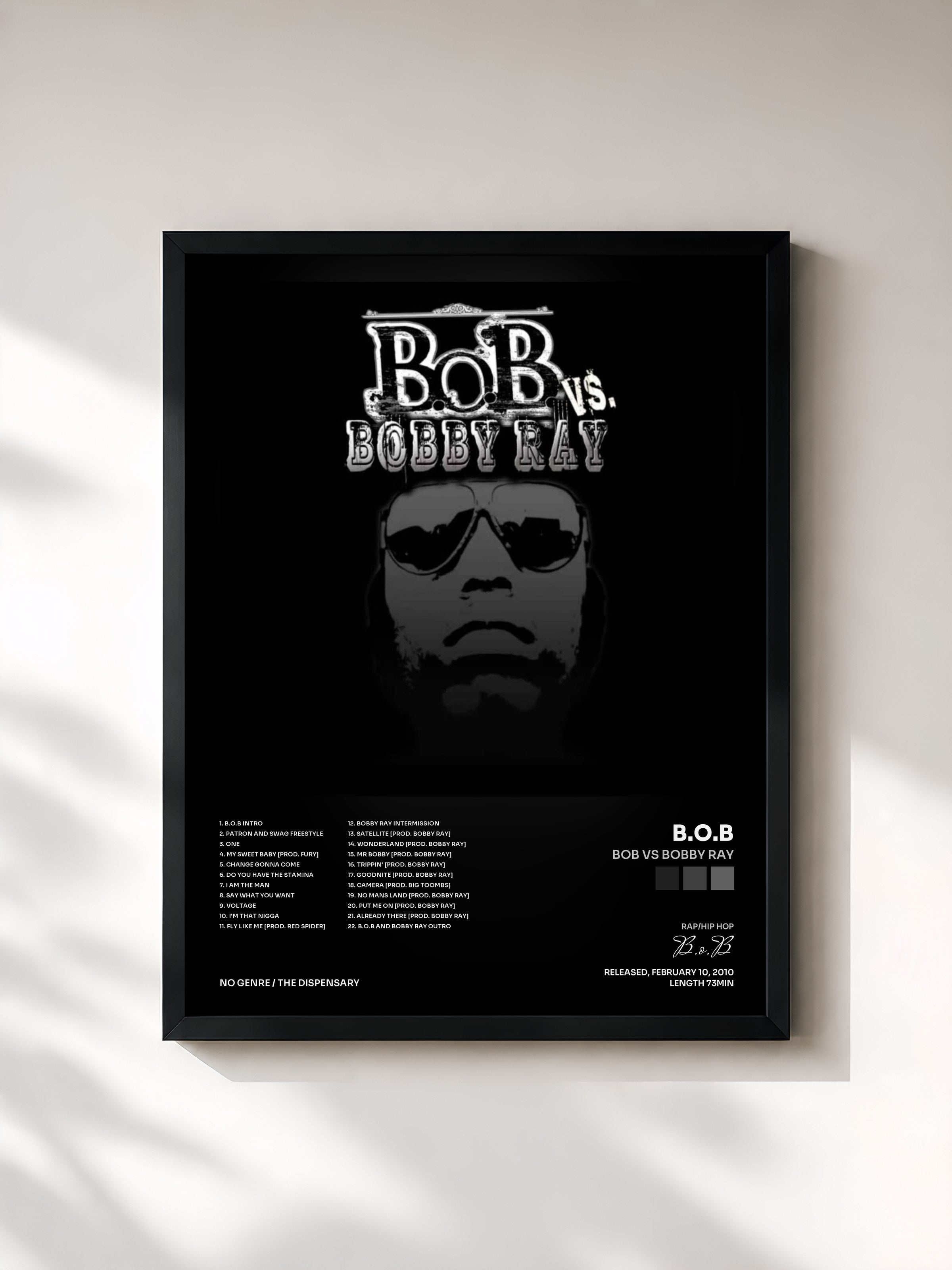 #noir Tableau de l'album Bob vs Bobby Ray de B.o.B, cadre noir, imprimé et encadré en France