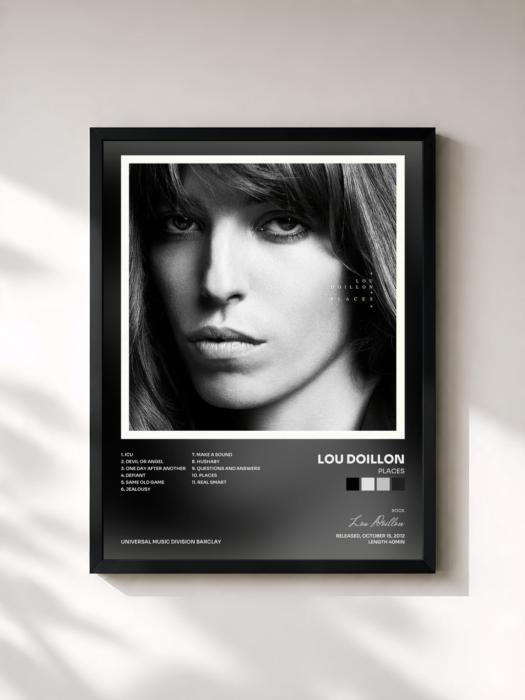 #noir Tableau de l'album Places de Lou Doillon, cadre noir, imprimé et encadré en France