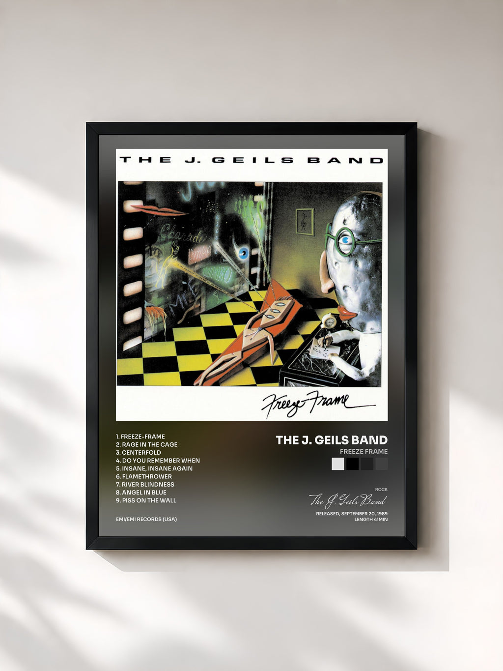 #noir Tableau de l'album Freeze Frame de The J. Geils Band, cadre noir, imprimé et encadré en France
