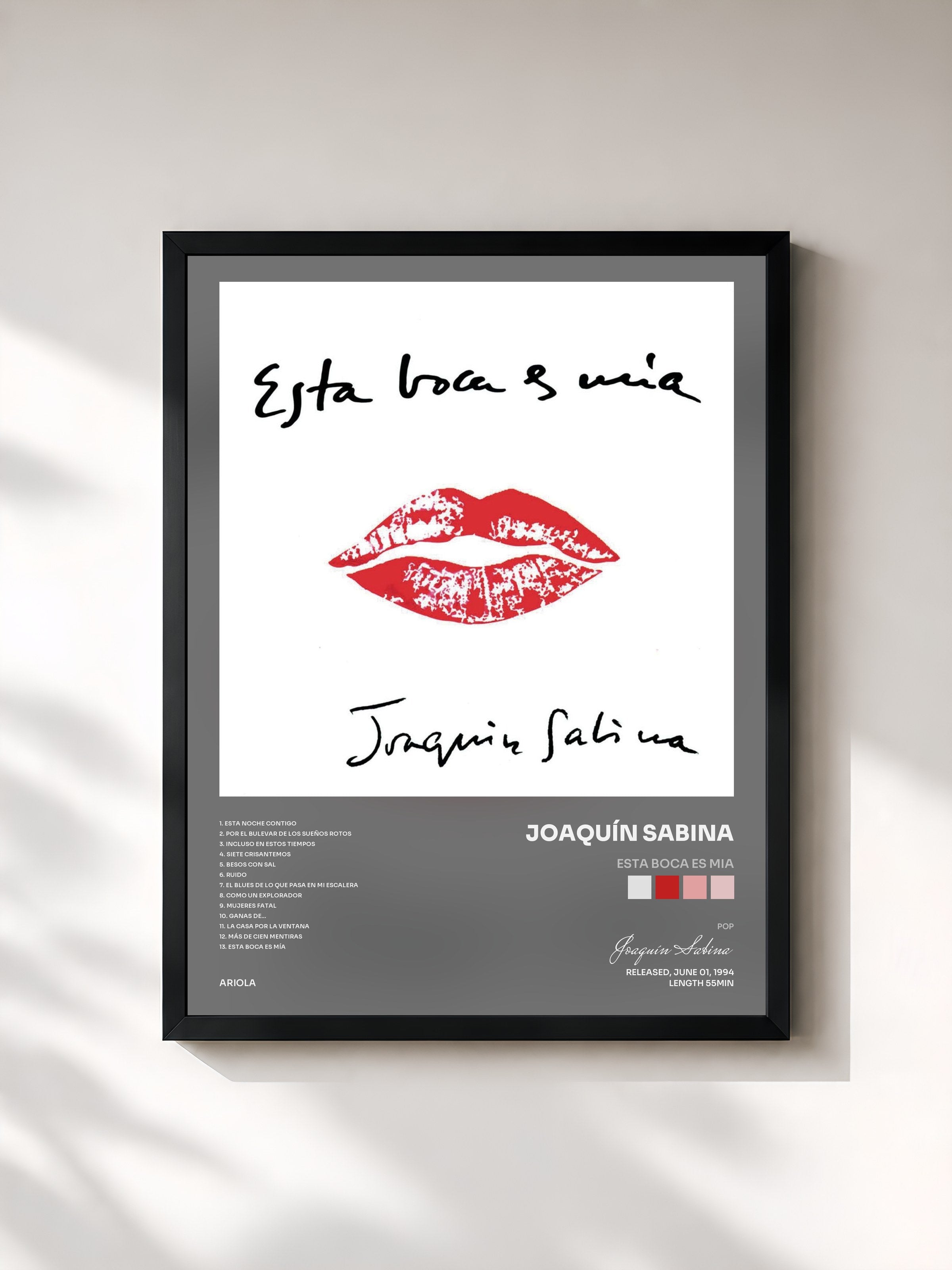 #noir Tableau de l'album Esta Boca Es Mia de Joaquín Sabina, cadre noir, imprimé et encadré en France