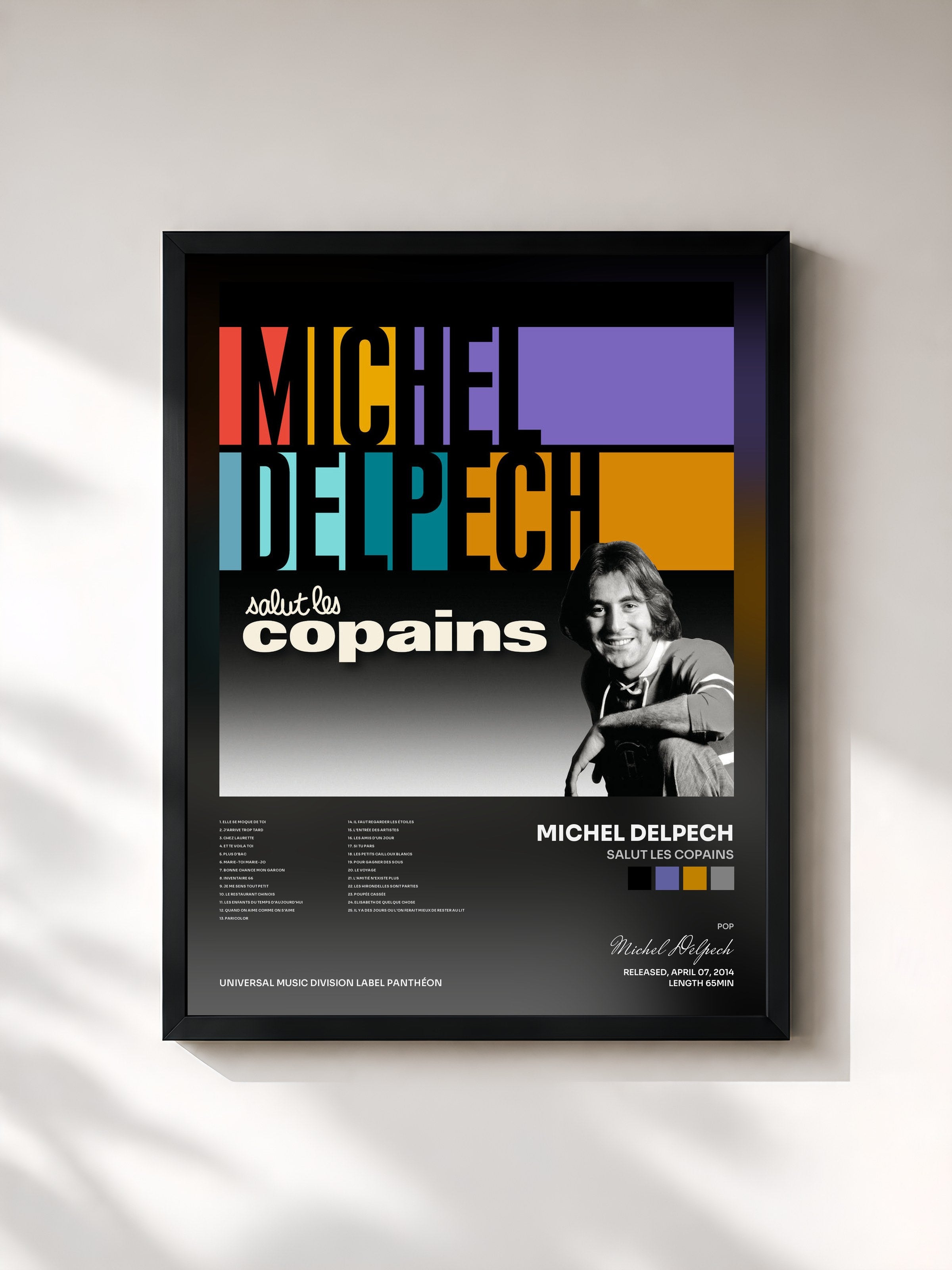 #noir Tableau de l'album Salut les copains de Michel Delpech, cadre noir, imprimé et encadré en France
