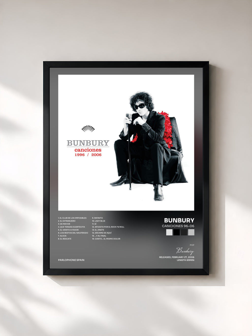 #noir Tableau de l'album Canciones 96-06 de Bunbury, cadre noir, imprimé et encadré en France