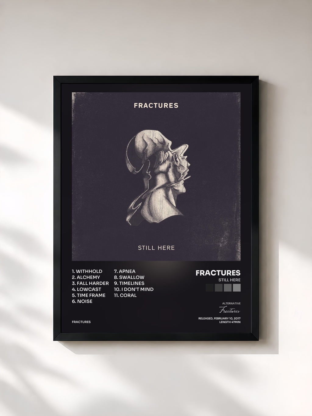 #noir Tableau de l'album Still Here de Fractures, cadre noir, imprimé et encadré en France