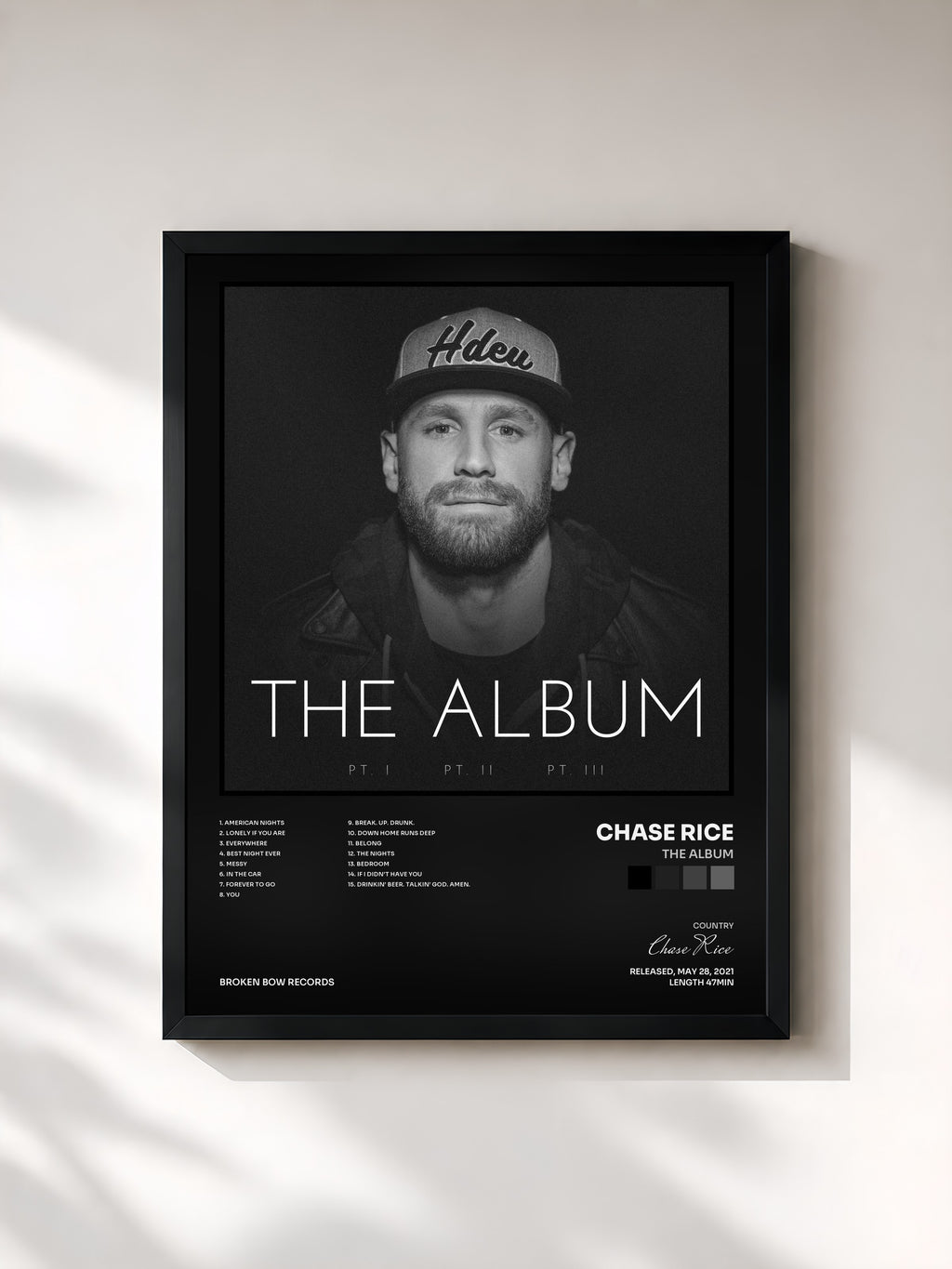 #noir Tableau de l'album The Album de Chase Rice, cadre noir, imprimé et encadré en France