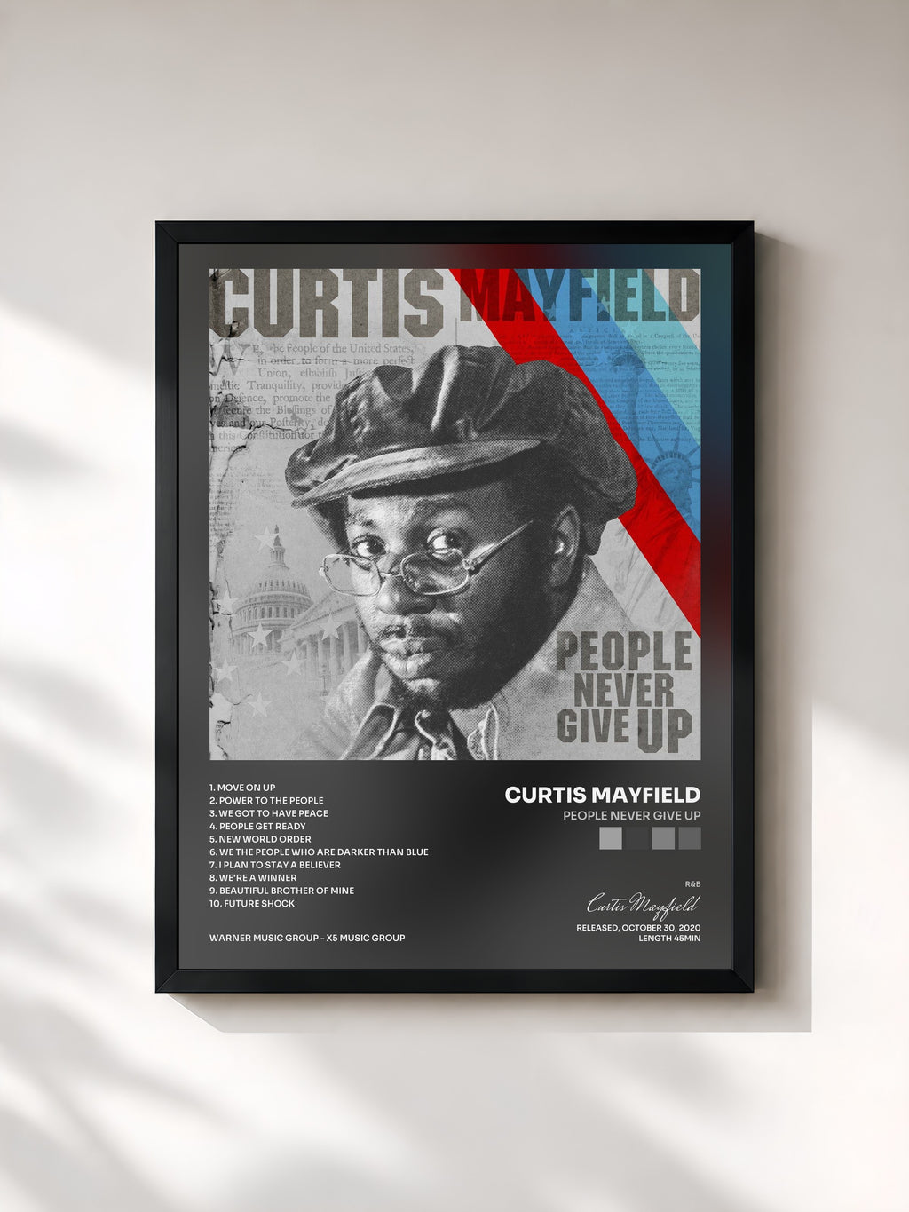 #noir Tableau de l'album People Never Give Up de Curtis Mayfield, cadre noir, imprimé et encadré en France
