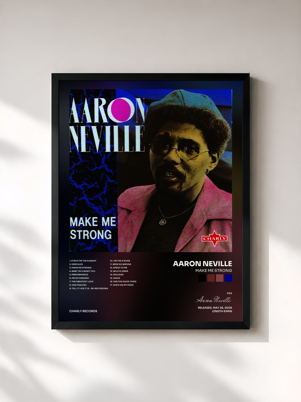 #noir Tableau de l'album Make Me Strong de Aaron Neville, cadre noir, imprimé et encadré en France