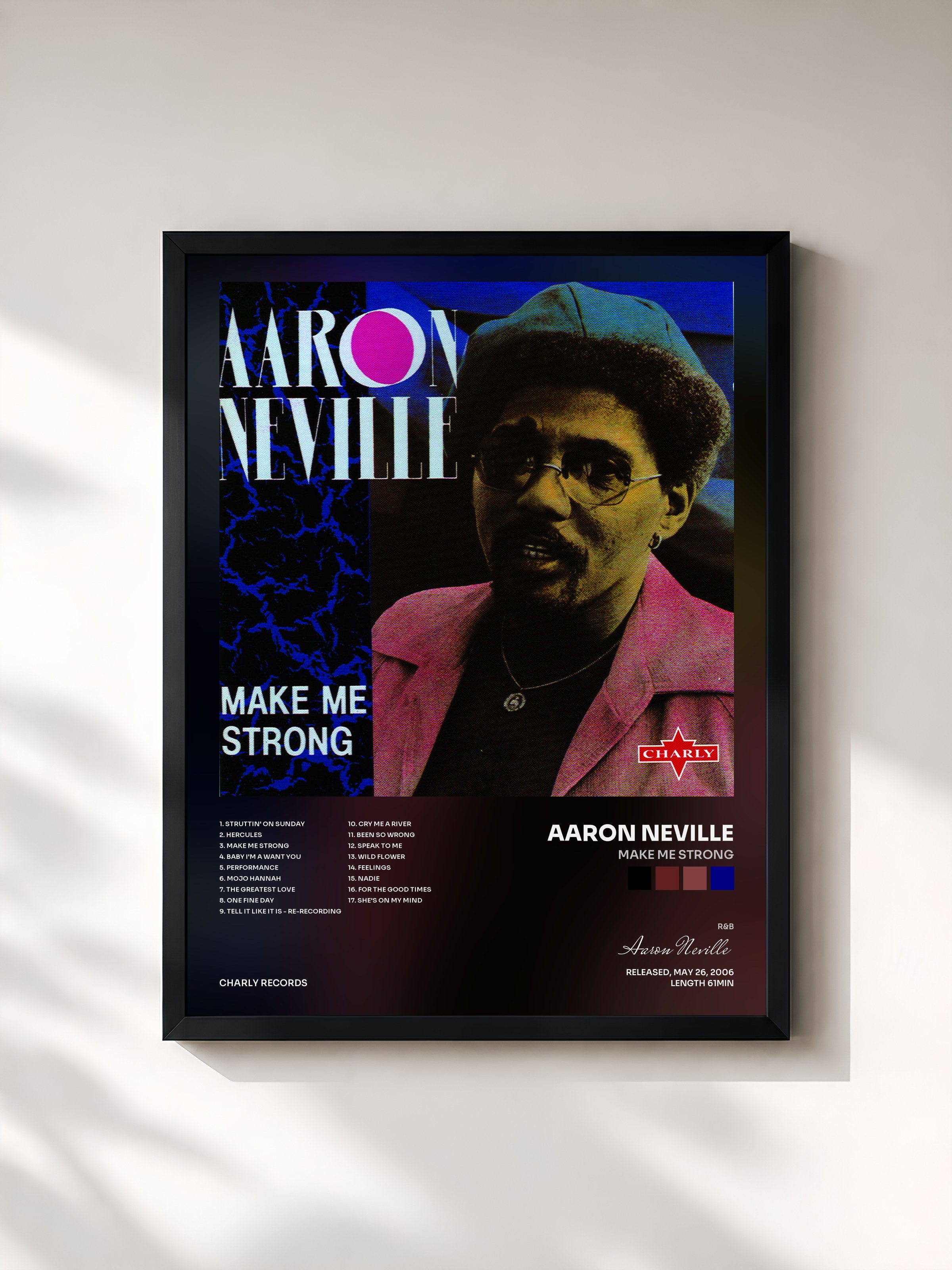#noir Tableau de l'album Make Me Strong de Aaron Neville, cadre noir, imprimé et encadré en France