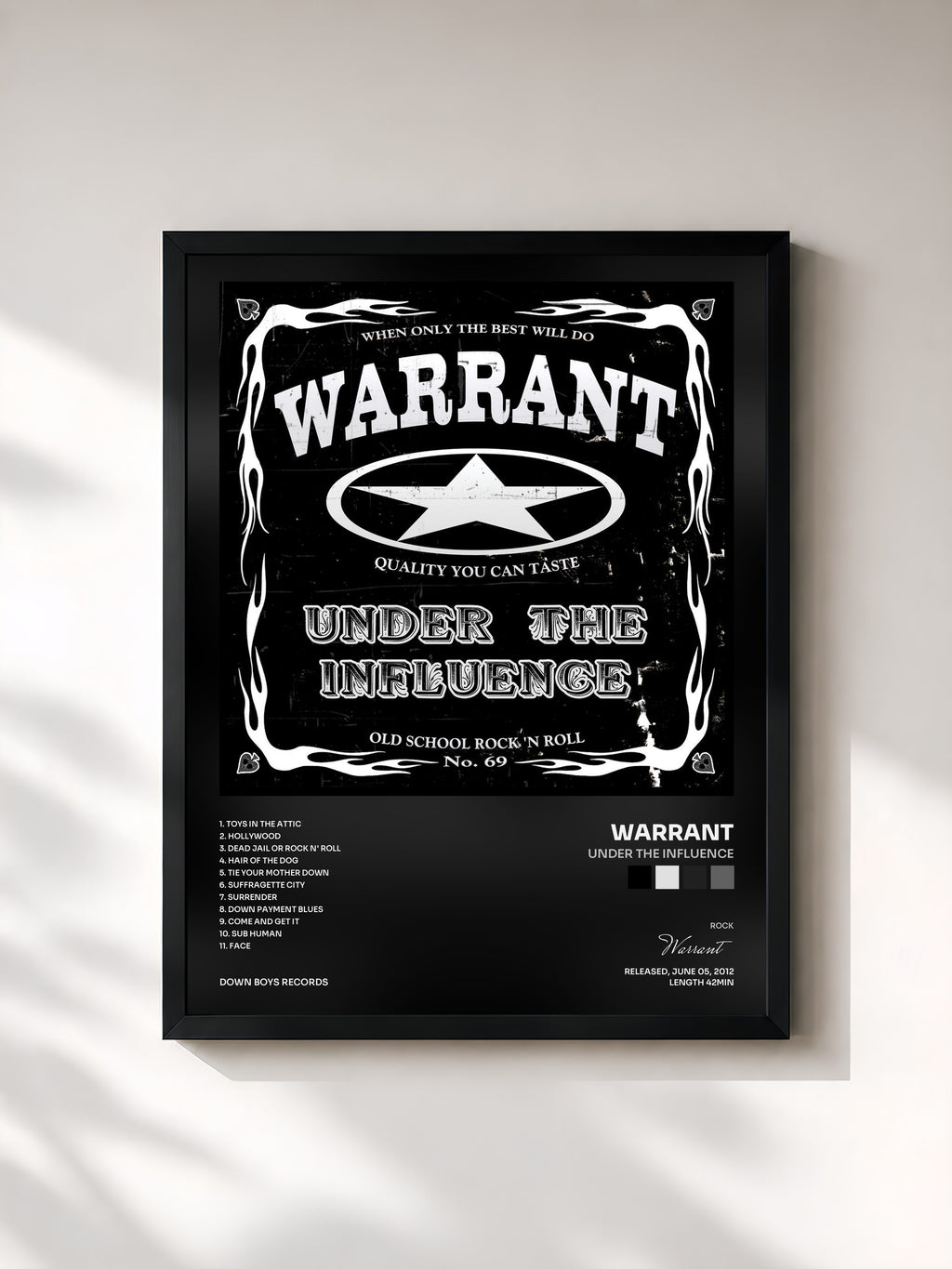 #noir Tableau de l'album Under the Influence de Warrant, cadre noir, imprimé et encadré en France