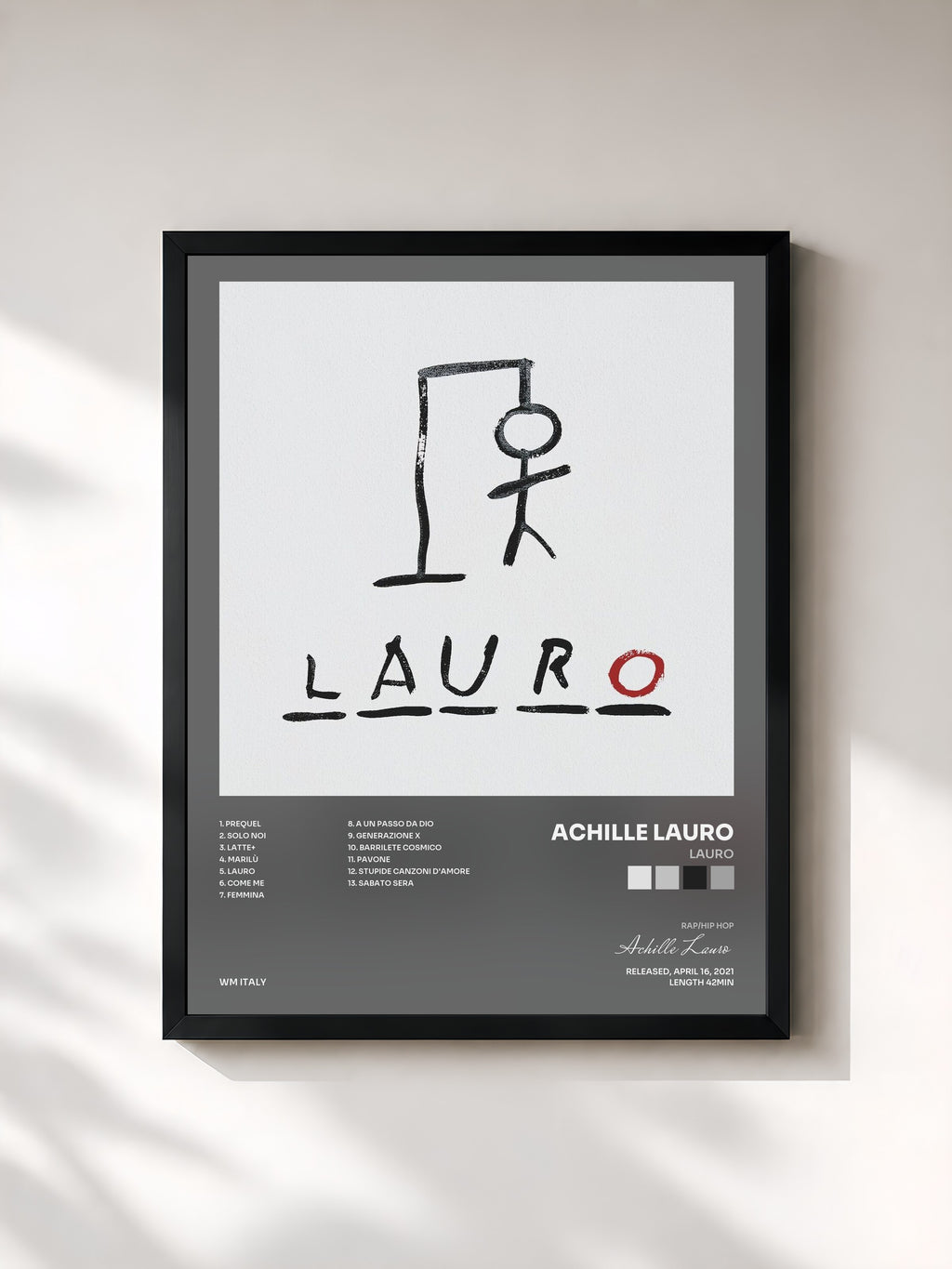 #noir Tableau de l'album LAURO de Achille Lauro, cadre noir, imprimé et encadré en France