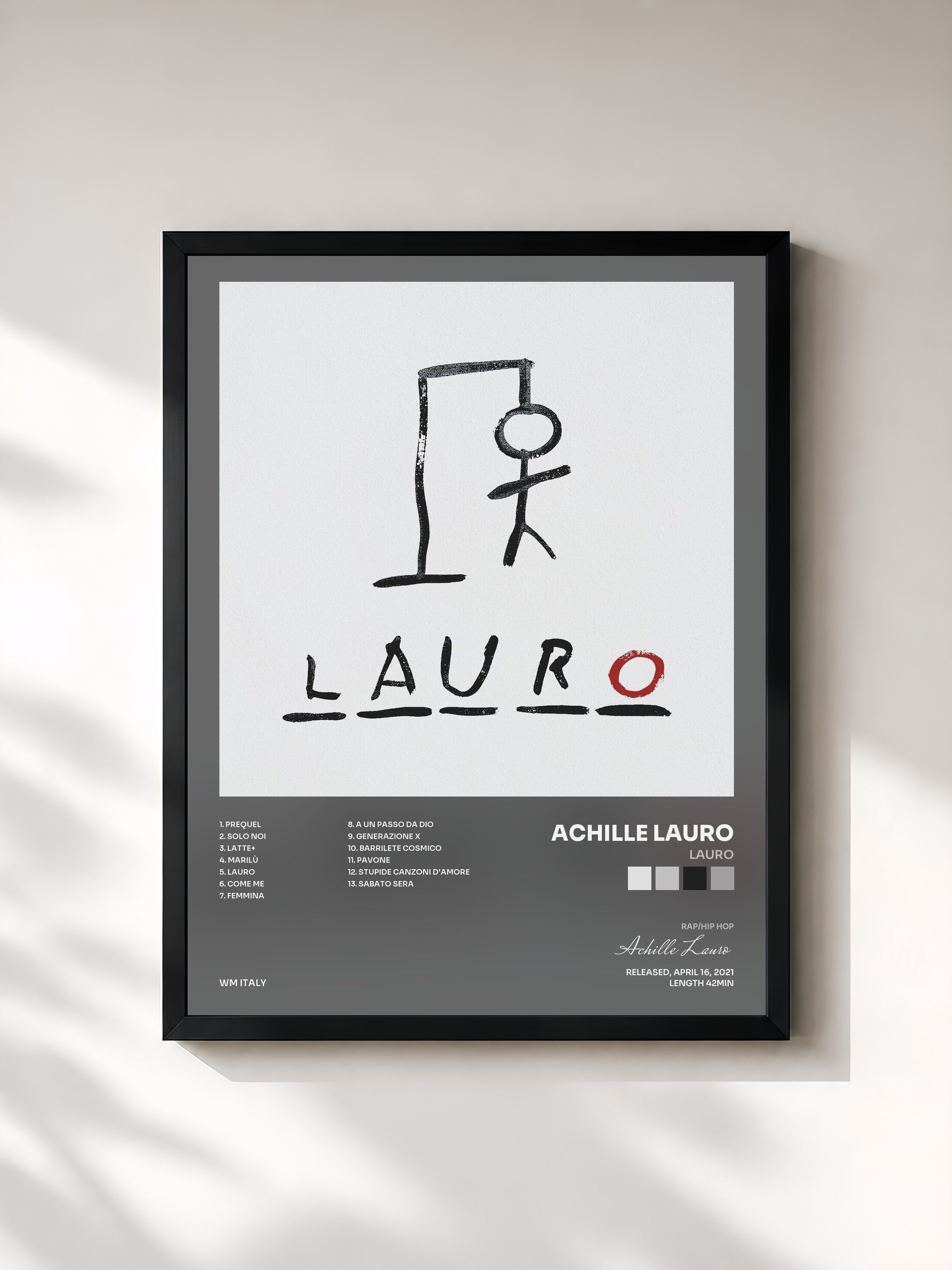 #noir Tableau de l'album LAURO de Achille Lauro, cadre noir, imprimé et encadré en France
