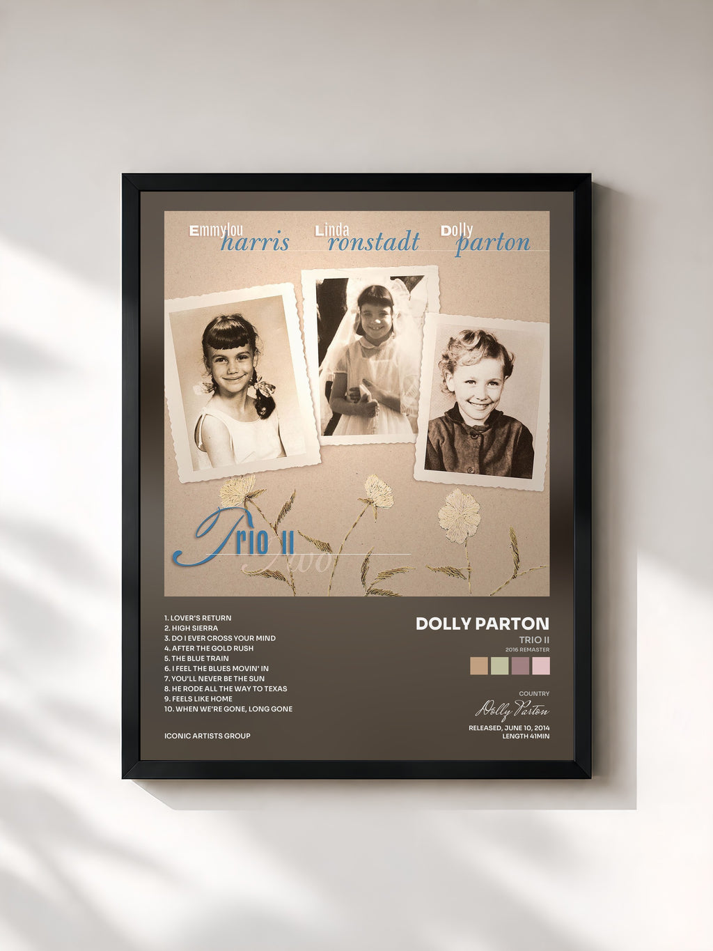 #noir Tableau de l'album Trio II (2016 Remaster) de Dolly Parton, cadre noir, imprimé et encadré en France