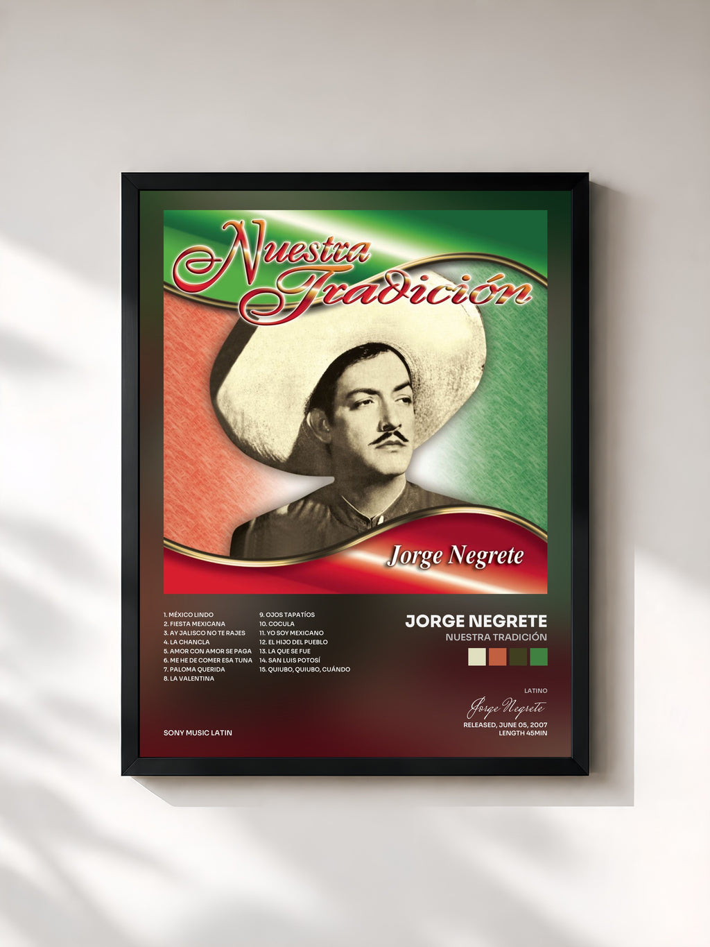 #noir Tableau de l'album Nuestra Tradición de Jorge Negrete, cadre noir, imprimé et encadré en France