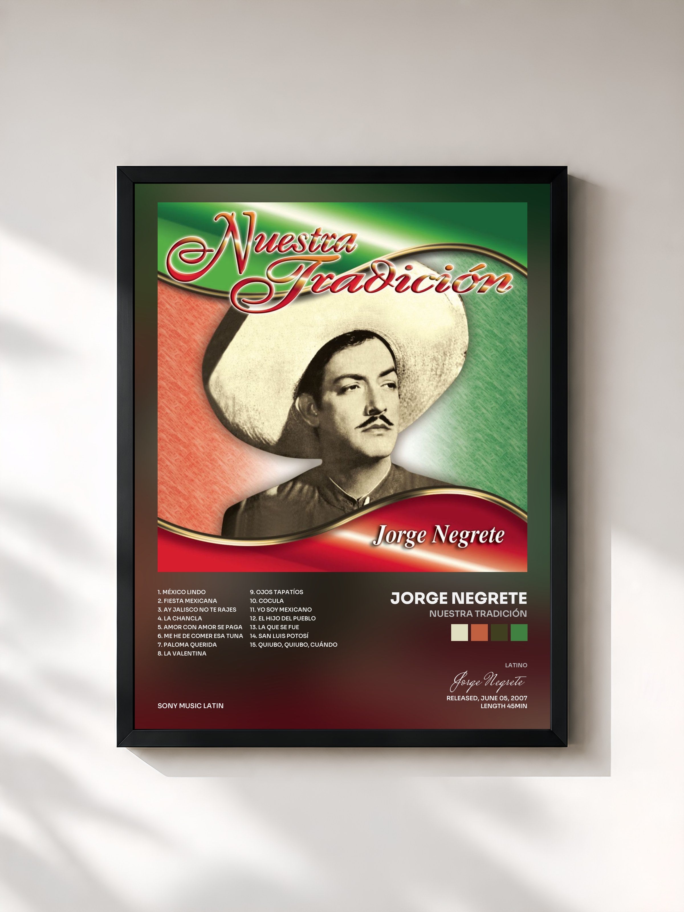 #noir Tableau de l'album Nuestra Tradición de Jorge Negrete, cadre noir, imprimé et encadré en France