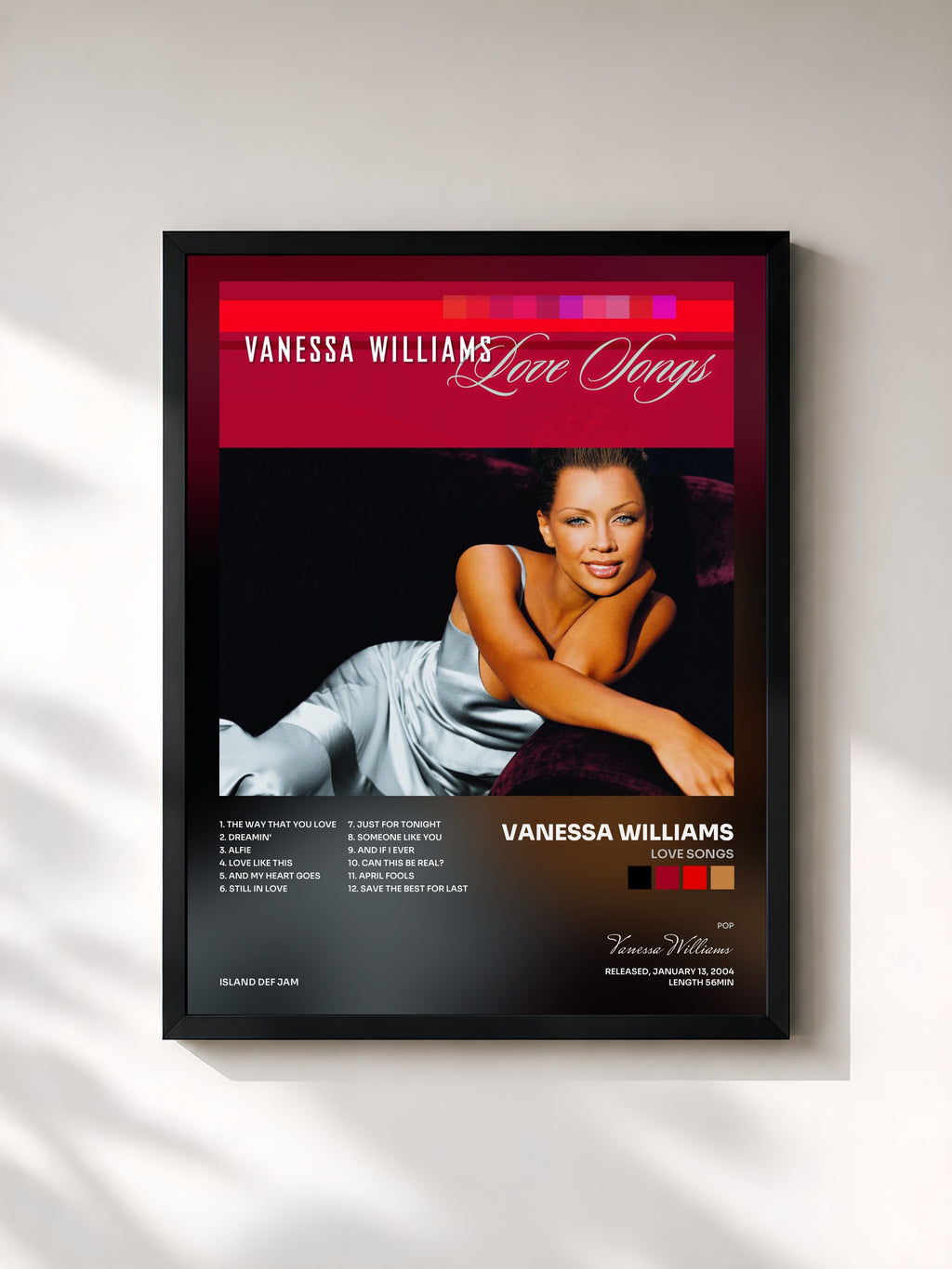 #noir Tableau de l'album Love Songs de Vanessa Williams, cadre noir, imprimé et encadré en France