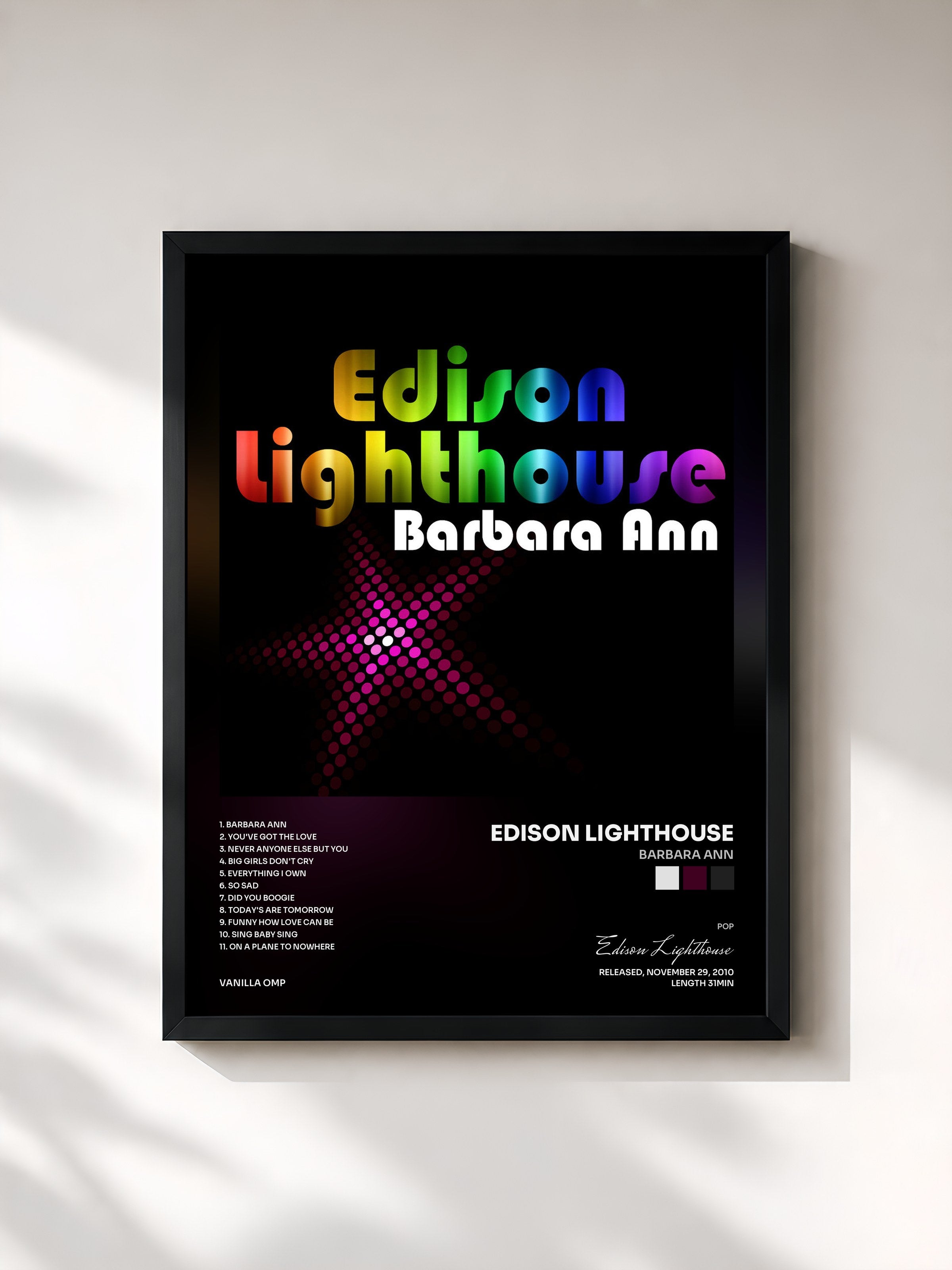 #noir Tableau de l'album Barbara Ann de Edison Lighthouse, cadre noir, imprimé et encadré en France