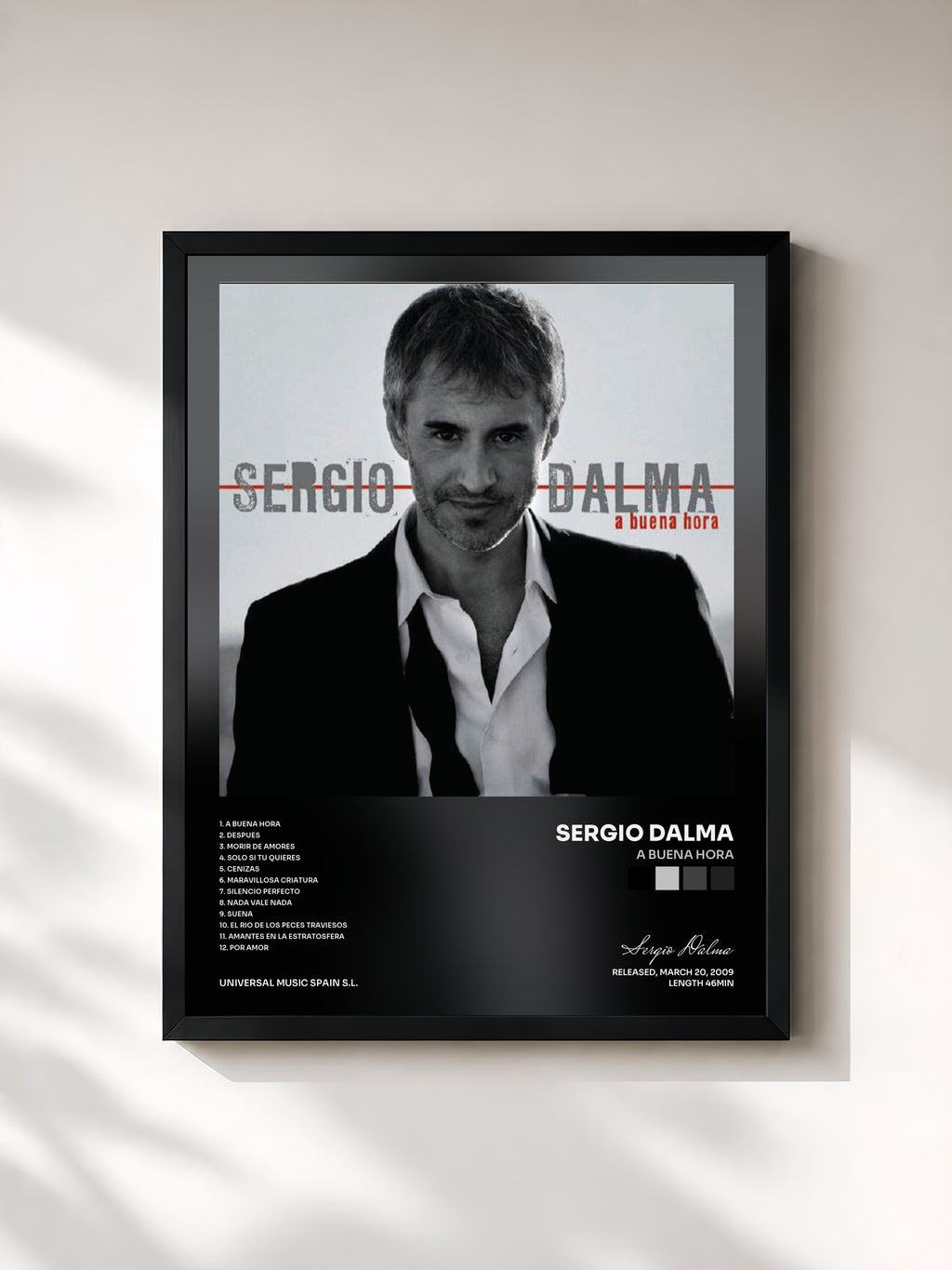 #noir Tableau de l'album A Buena Hora de Sergio Dalma, cadre noir, imprimé et encadré en France