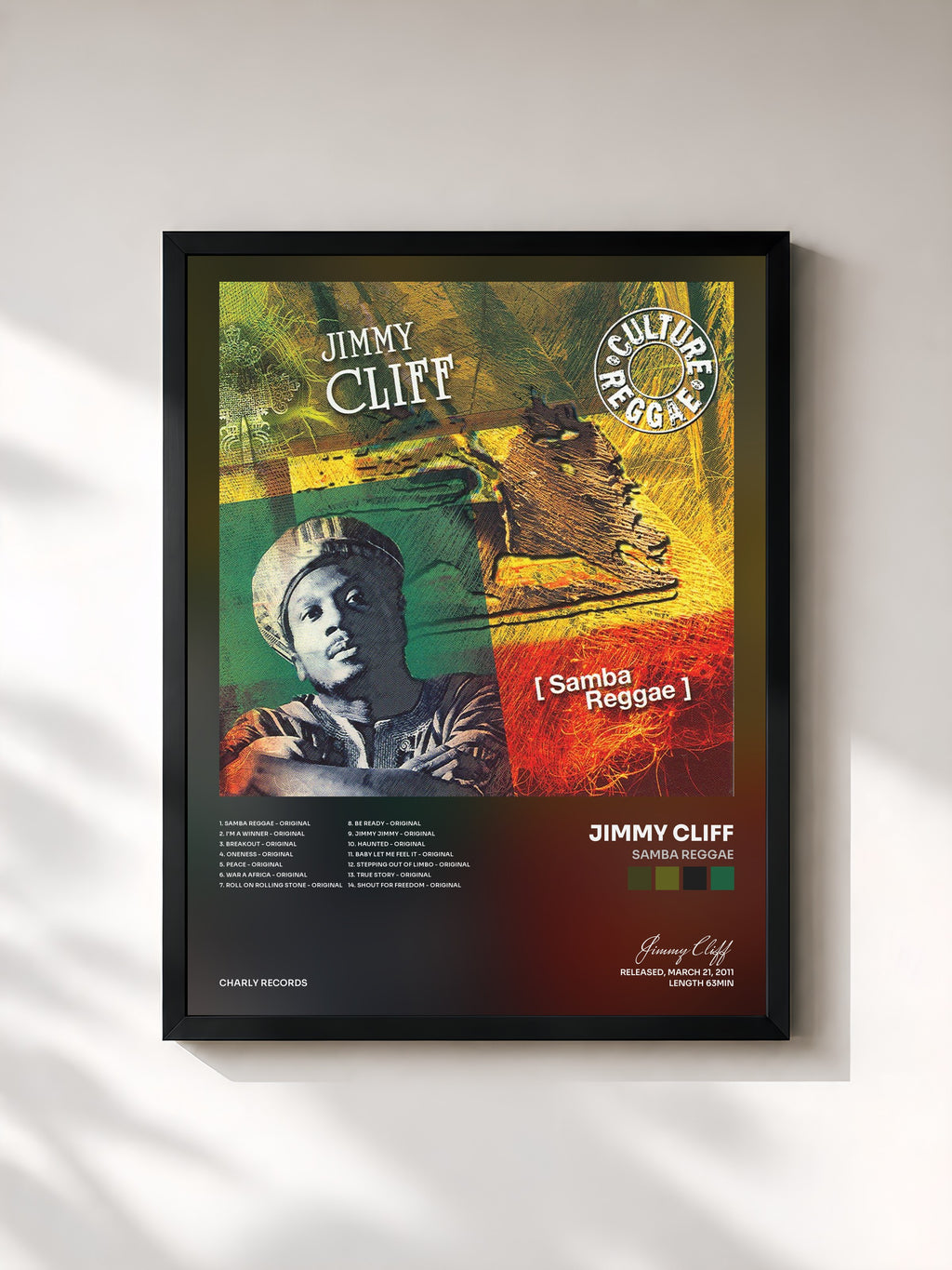 #noir Tableau de l'album Samba Reggae de Jimmy Cliff, cadre noir, imprimé et encadré en France