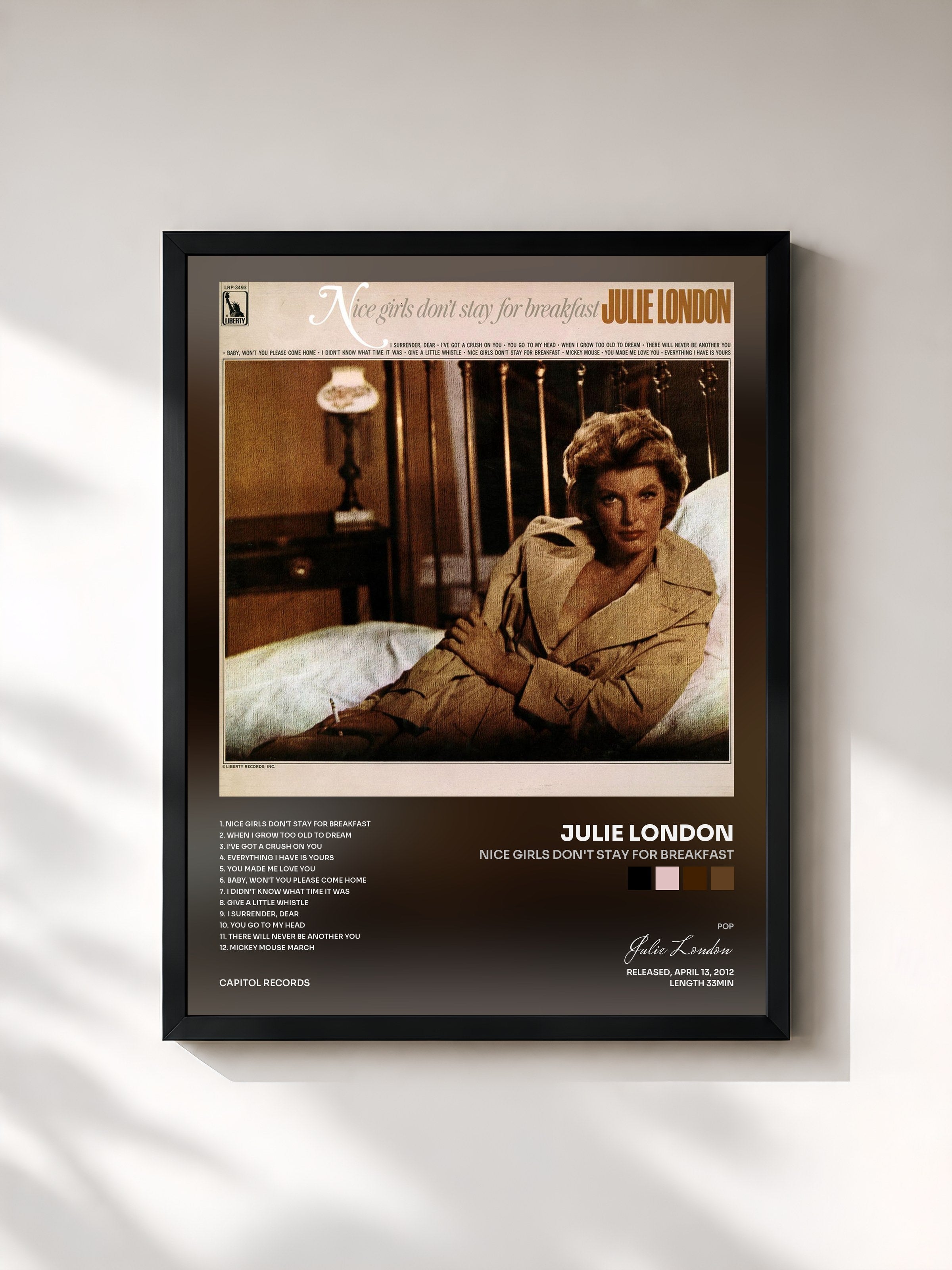 #noir Tableau de l'album Nice Girls Don't Stay For Breakfast de Julie London, cadre noir, imprimé et encadré en France