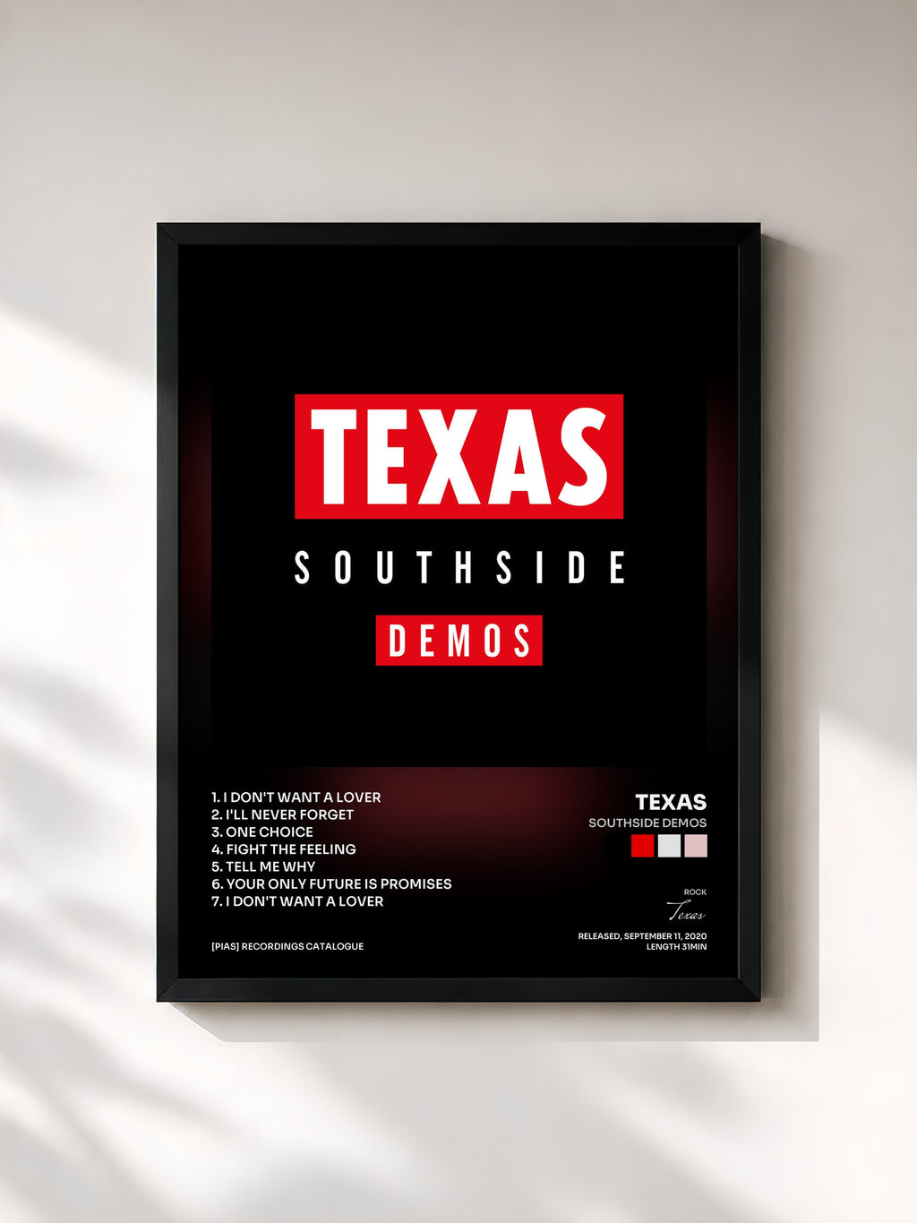 #noir Tableau de l'album Southside Demos de Texas, cadre noir, imprimé et encadré en France