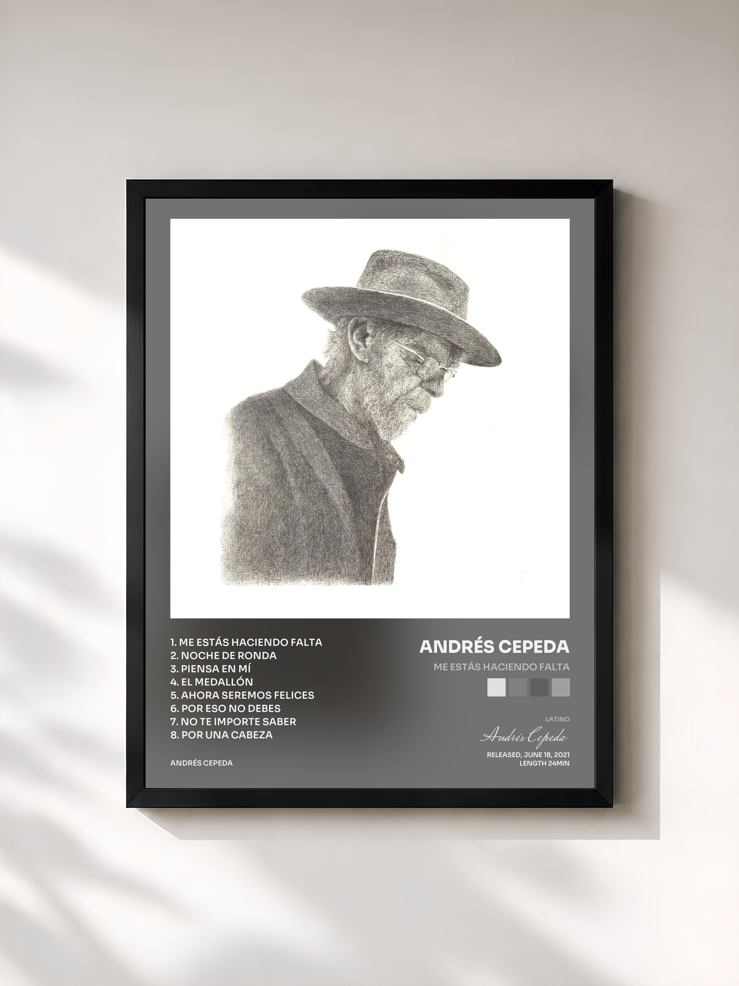 #noir Tableau de l'album Me Estás Haciendo Falta de Andrés Cepeda, cadre noir, imprimé et encadré en France