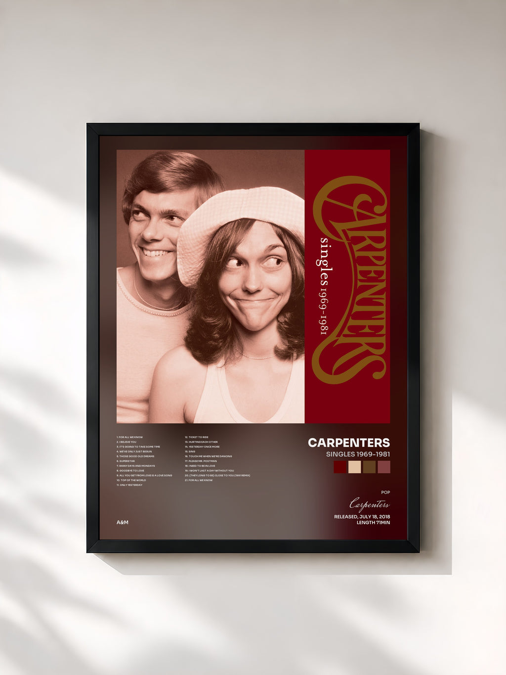#noir Tableau de l'album Singles 1969-1981 de Carpenters, cadre noir, imprimé et encadré en France
