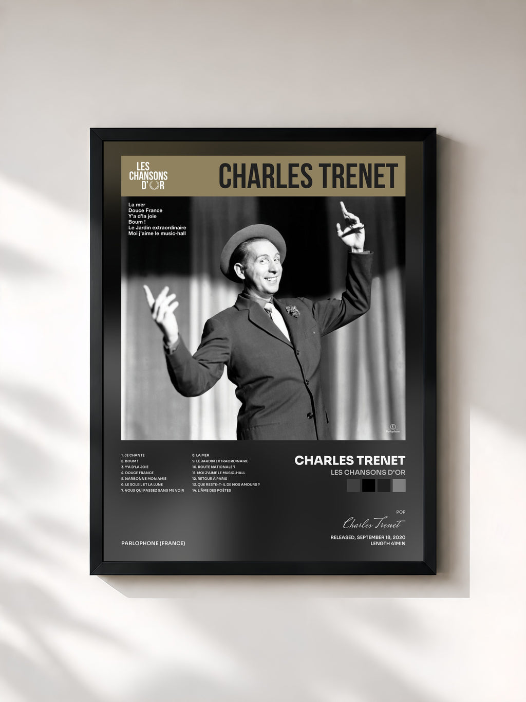 #noir Tableau de l'album Les chansons d'or de Charles Trenet, cadre noir, imprimé et encadré en France