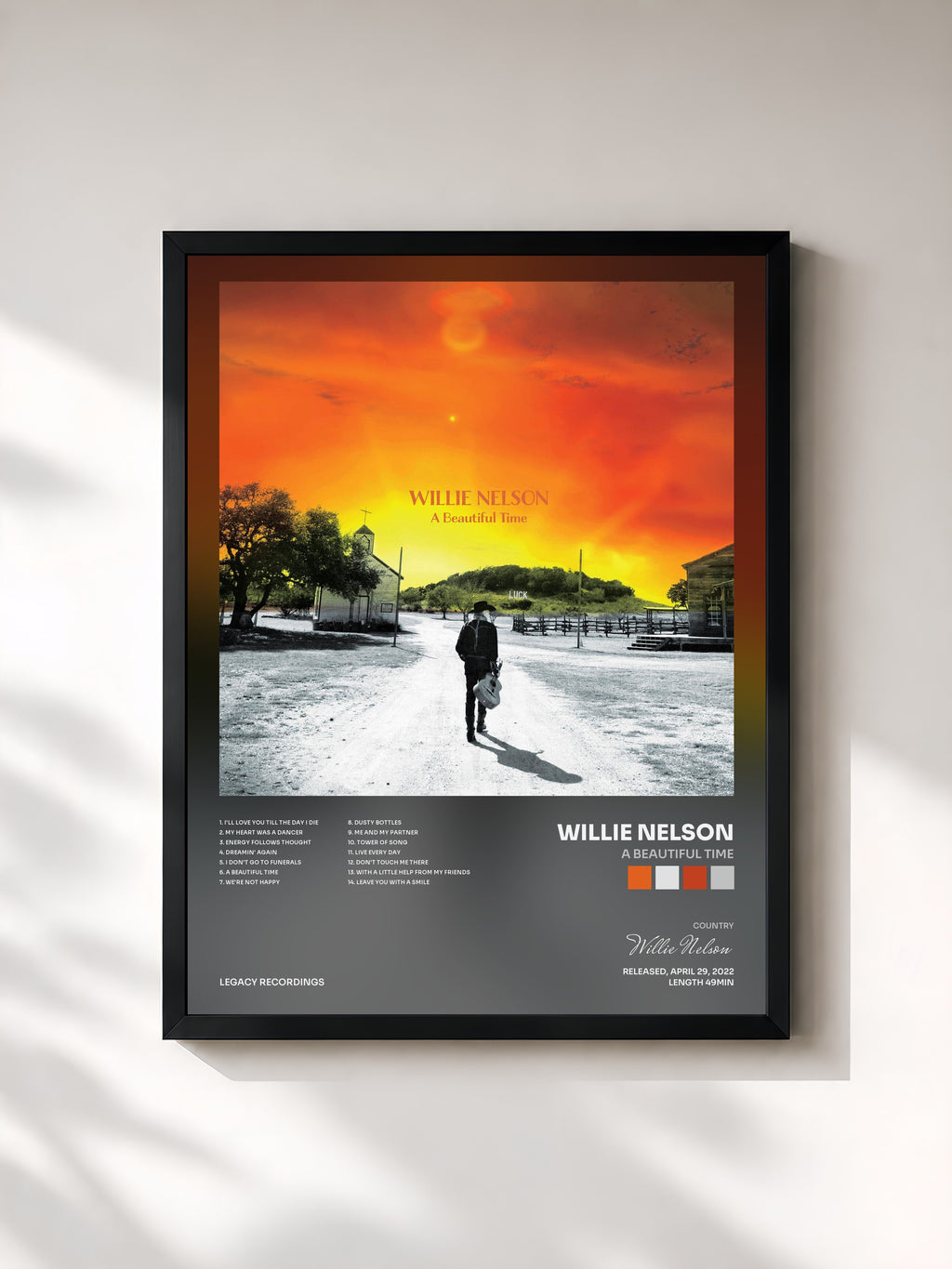 #noir Tableau de l'album A Beautiful Time de Willie Nelson, cadre noir, imprimé et encadré en France