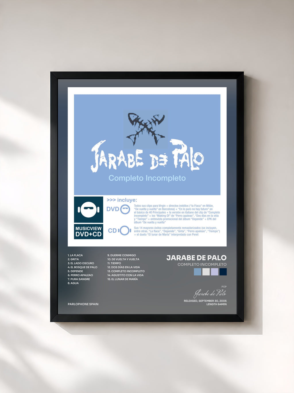 #noir Tableau de l'album Completo Incompleto de Jarabe de Palo, cadre noir, imprimé et encadré en France