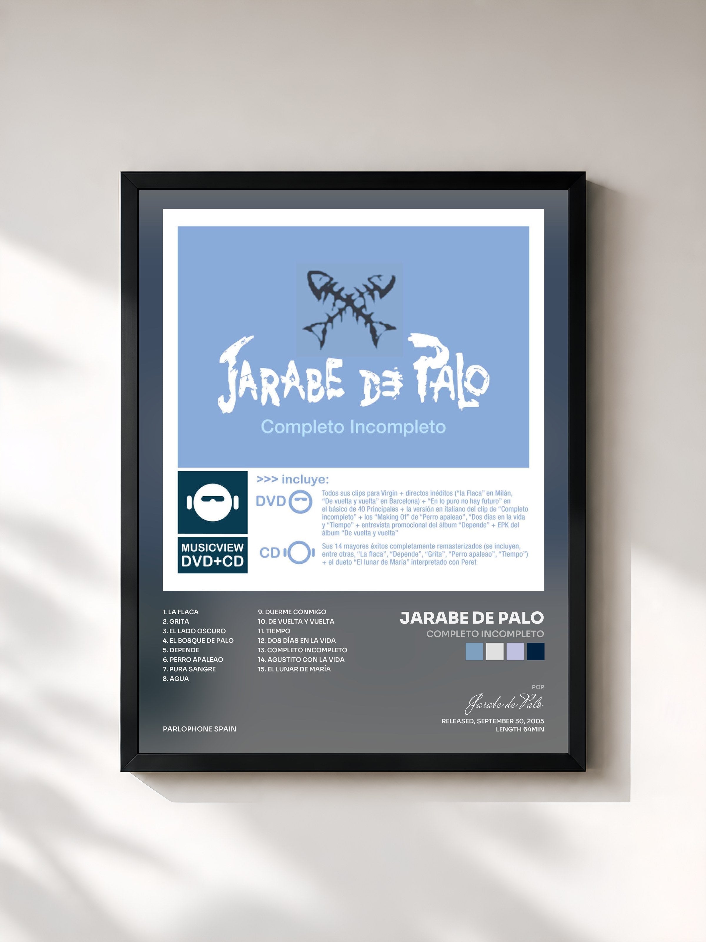 #noir Tableau de l'album Completo Incompleto de Jarabe de Palo, cadre noir, imprimé et encadré en France