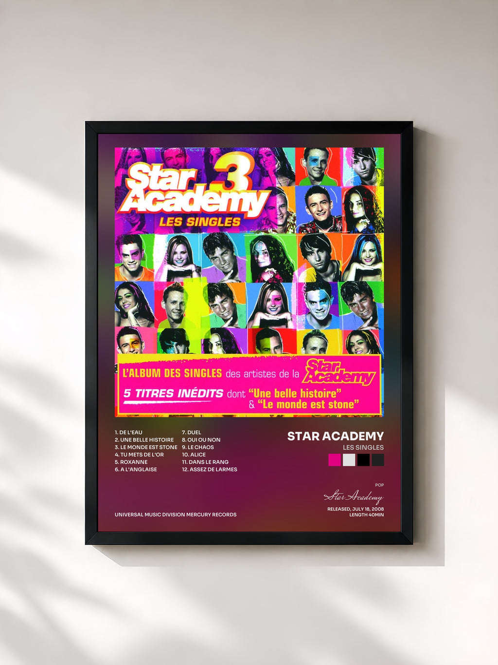 #noir Tableau de l'album Les Singles de Star Academy, cadre noir, imprimé et encadré en France